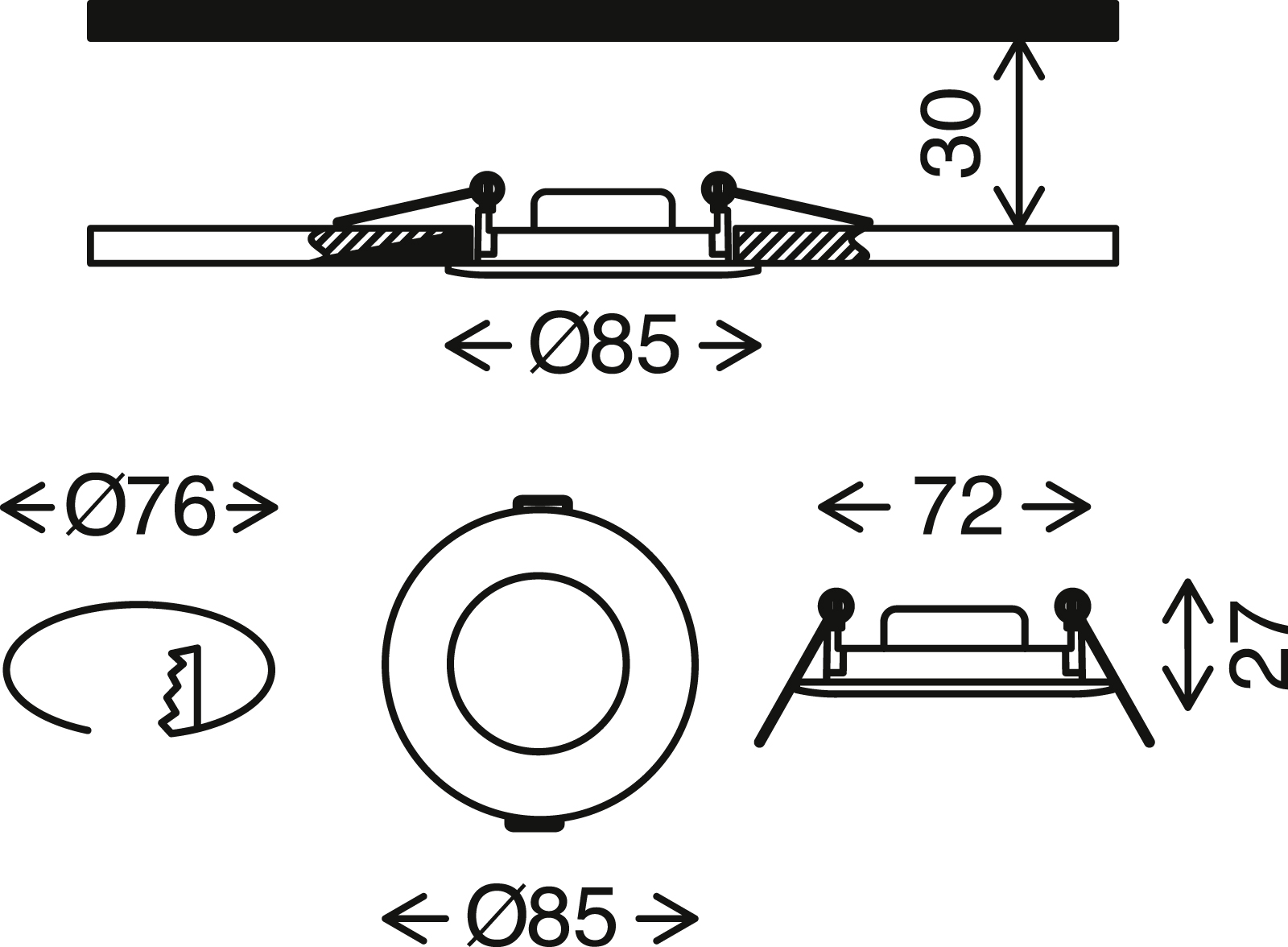 LED Einbauleuchten 3er-Set matt-nickel LED Maßzeichnung