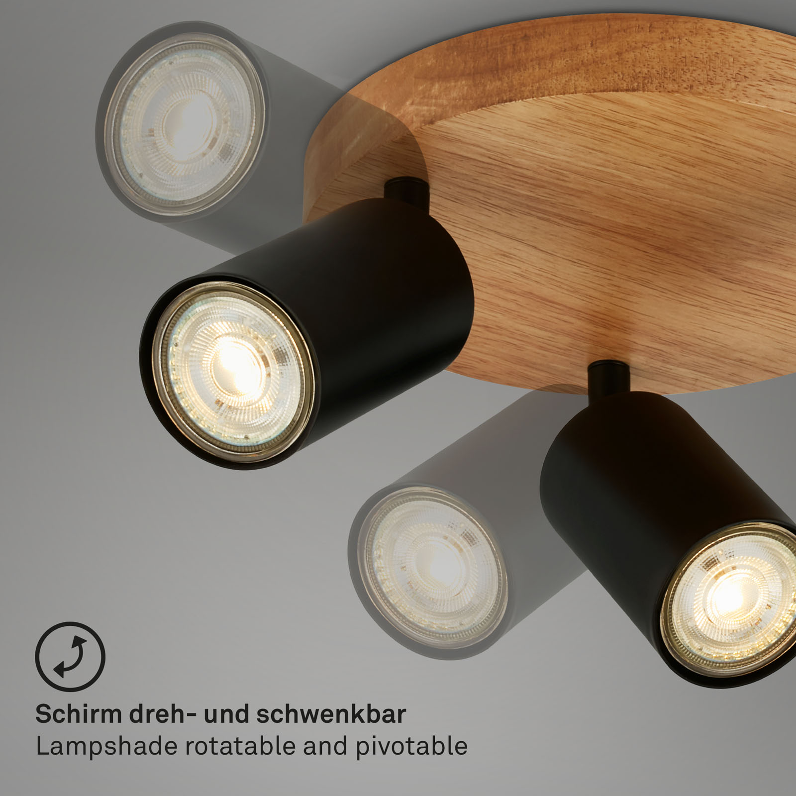 Spotleuchte schwarz mit Holz 3xGU10 Funktion1