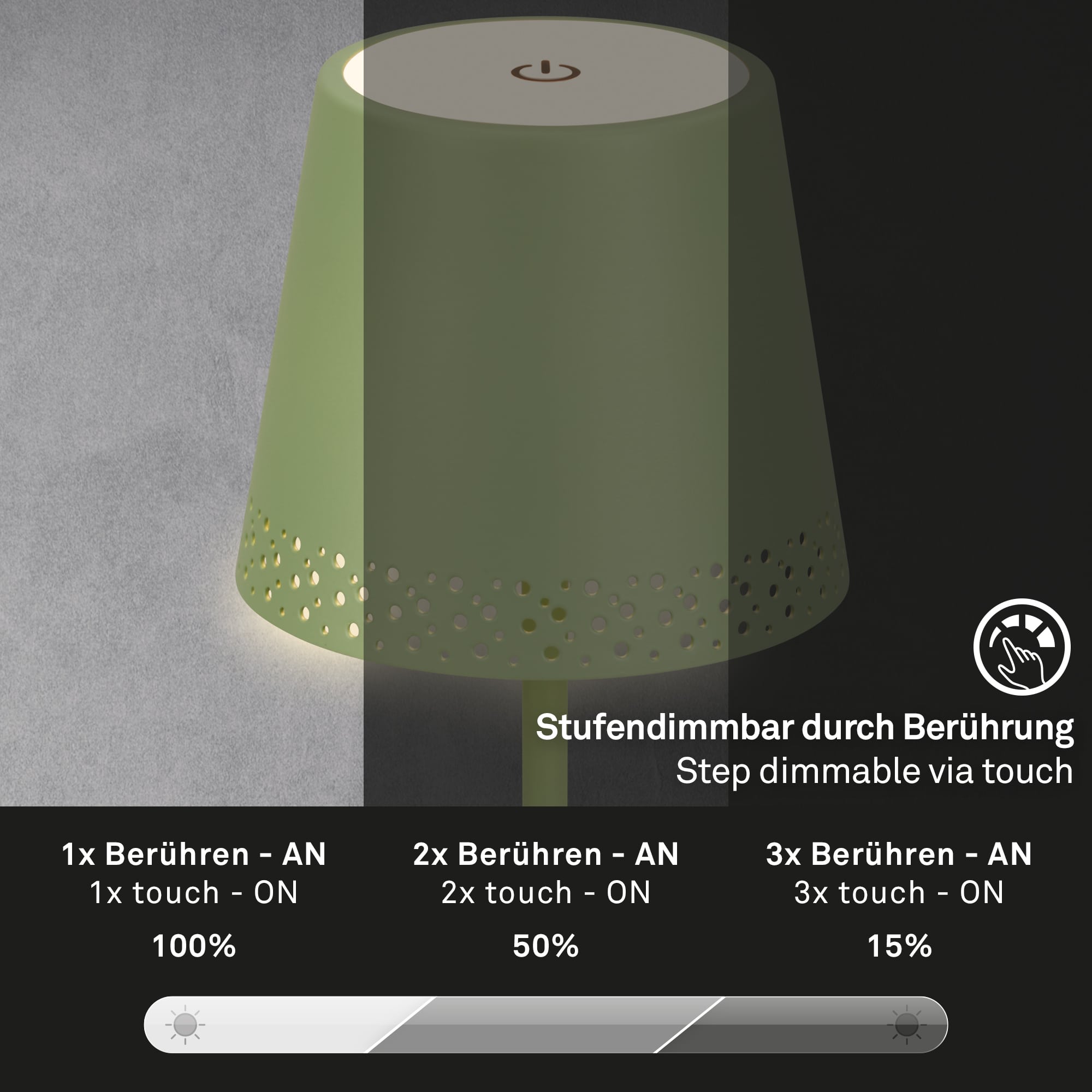 LED Akku-Tischleuchte lindgrün Funktion1