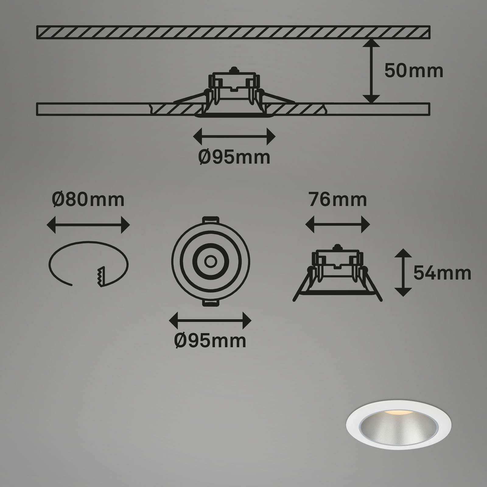 LED Einbauleuchten-Set weiß-silber Maßzeichnung