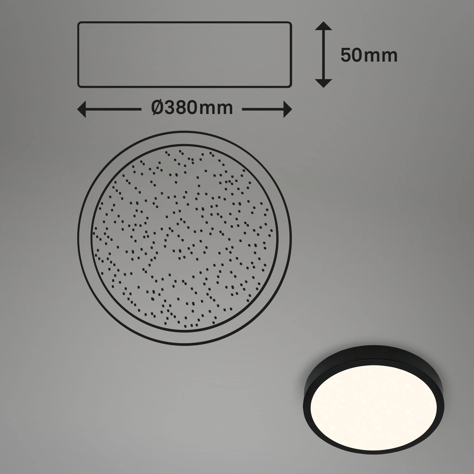 CCT LED Aufbauleuchte mit Sternencover schwarz LED Maßzeichnung