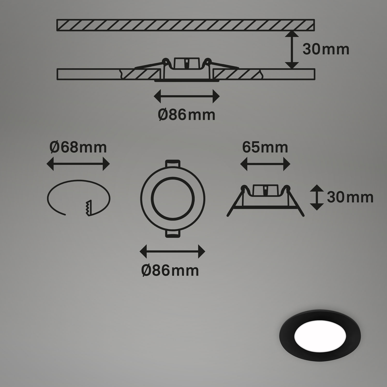 LED Einbauleuchten Schwarz Maßzeichnung