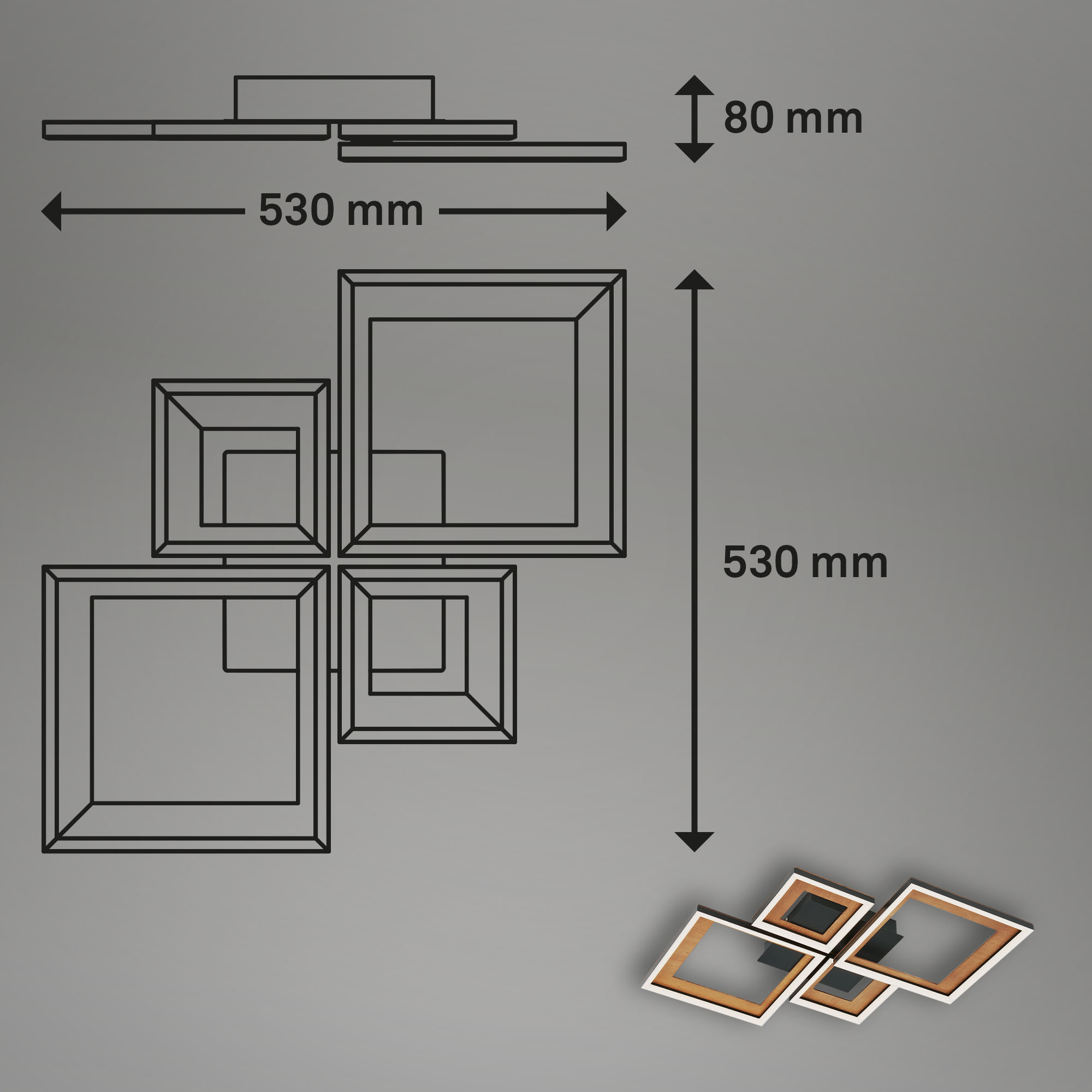 LED Deckenleuchte Schwarz-holz Maßzeichnung