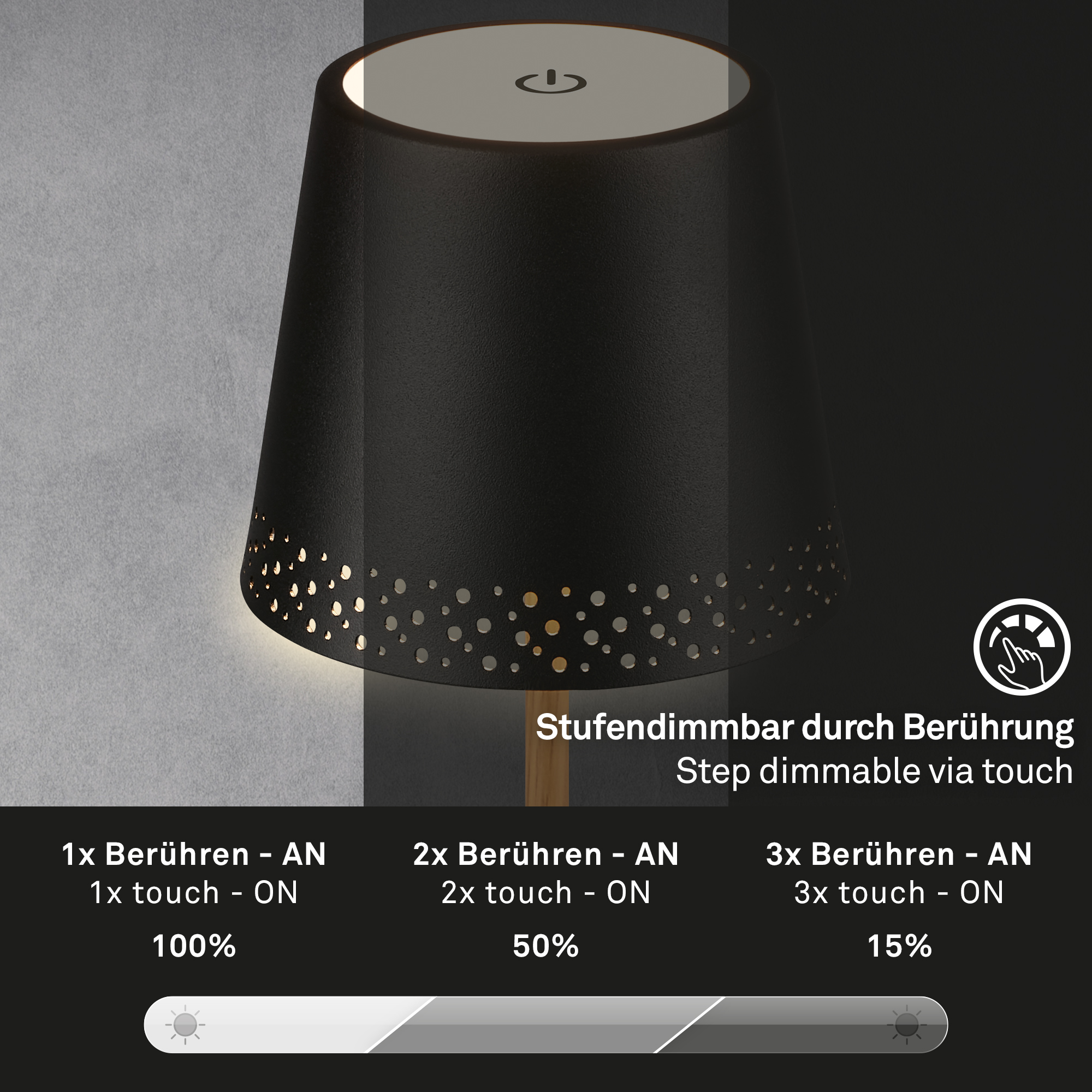 LED Akku-Tischleuchte schwarz Funktion1