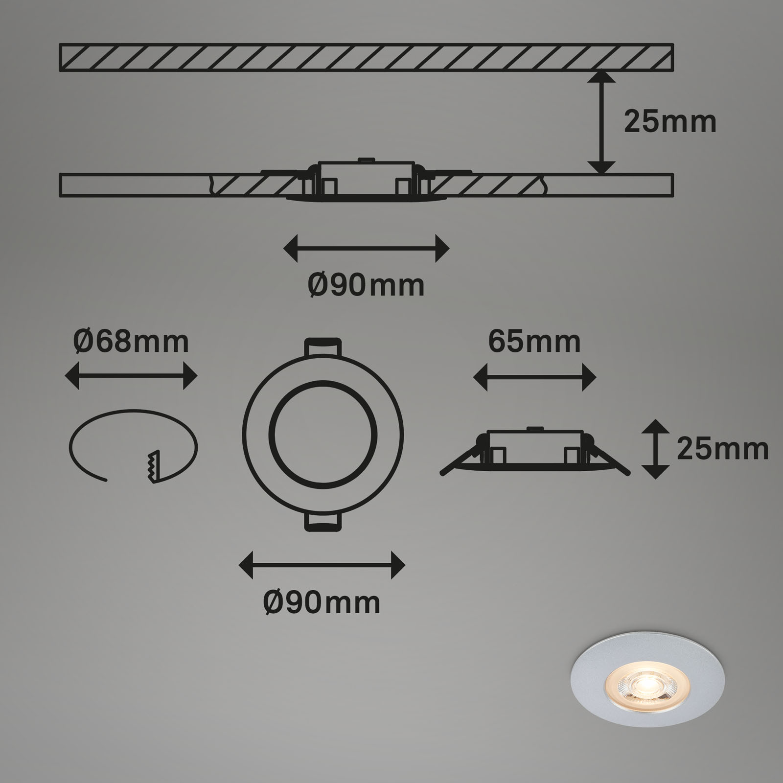 LED Einbauleuchten Chrom-matt Maßzeichnung