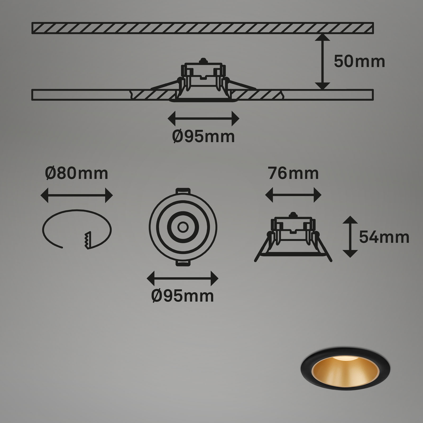 LED Einbauleuchten-Set schwarz-gold Maßzeichnung