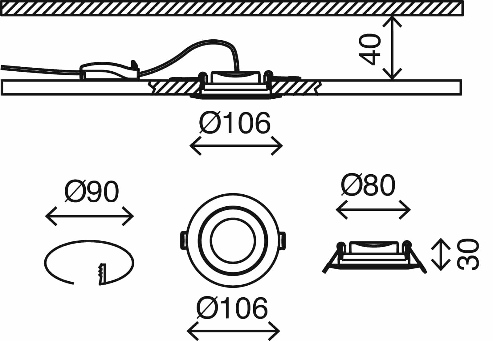 LED Einbauleuchte matt-nickel LED-Platine Maßzeichnung