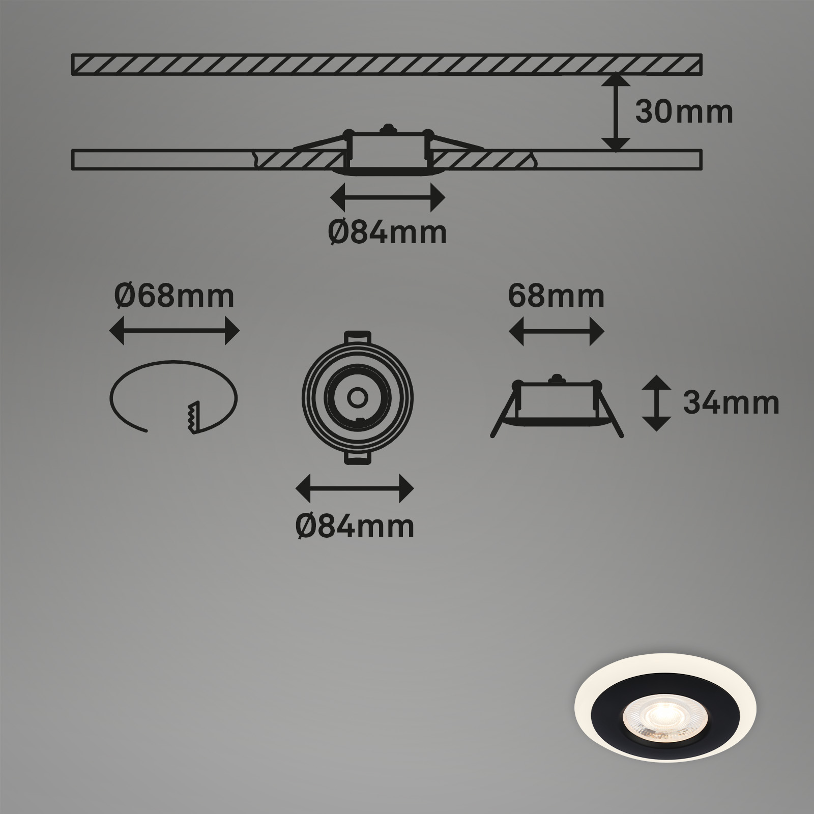 LED Einbauleuchten-Set Schwarz Maßzeichnung