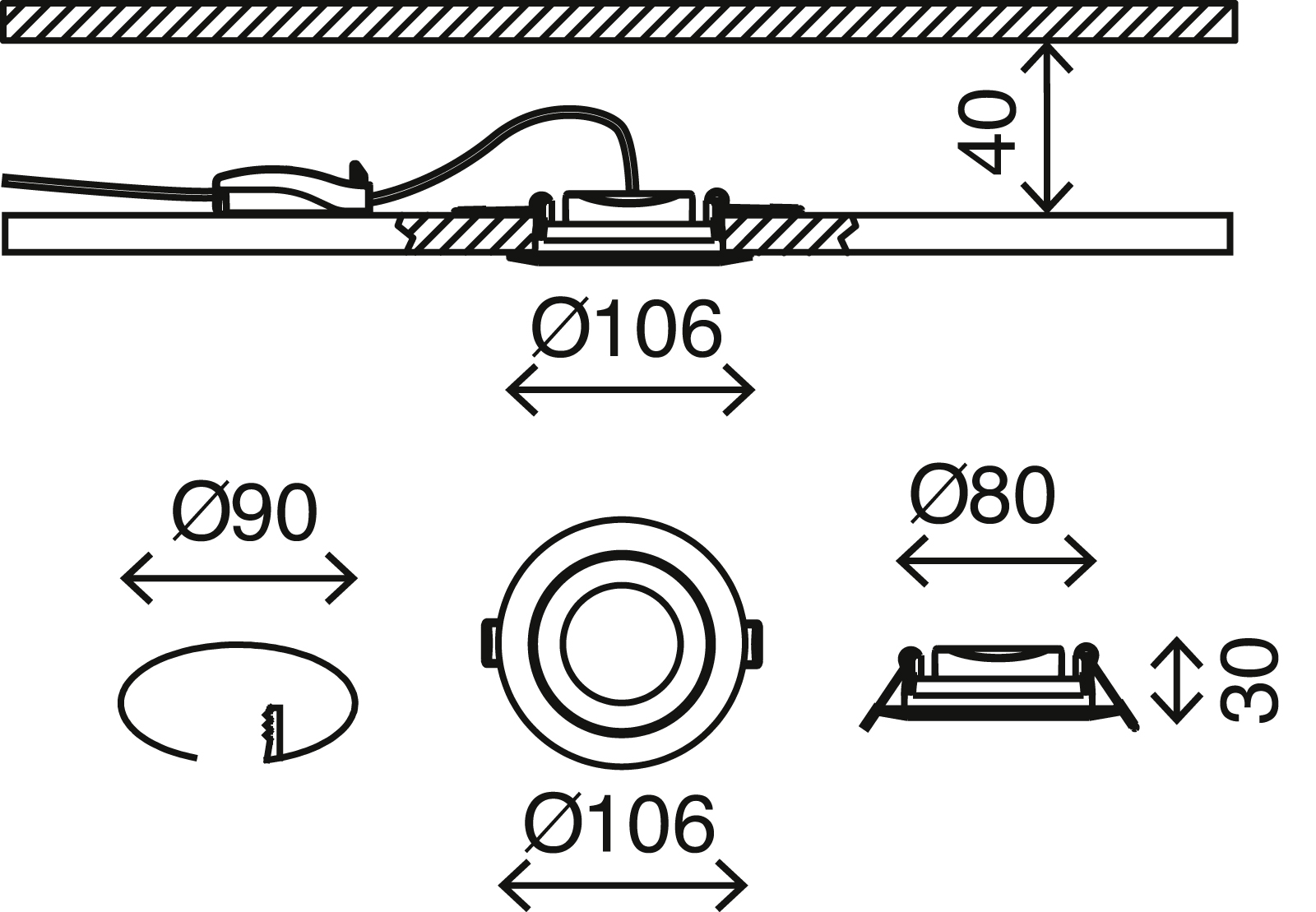 LED Einbauleuchten matt-nickel 3er-Set LED-Platine Maßzeichnung