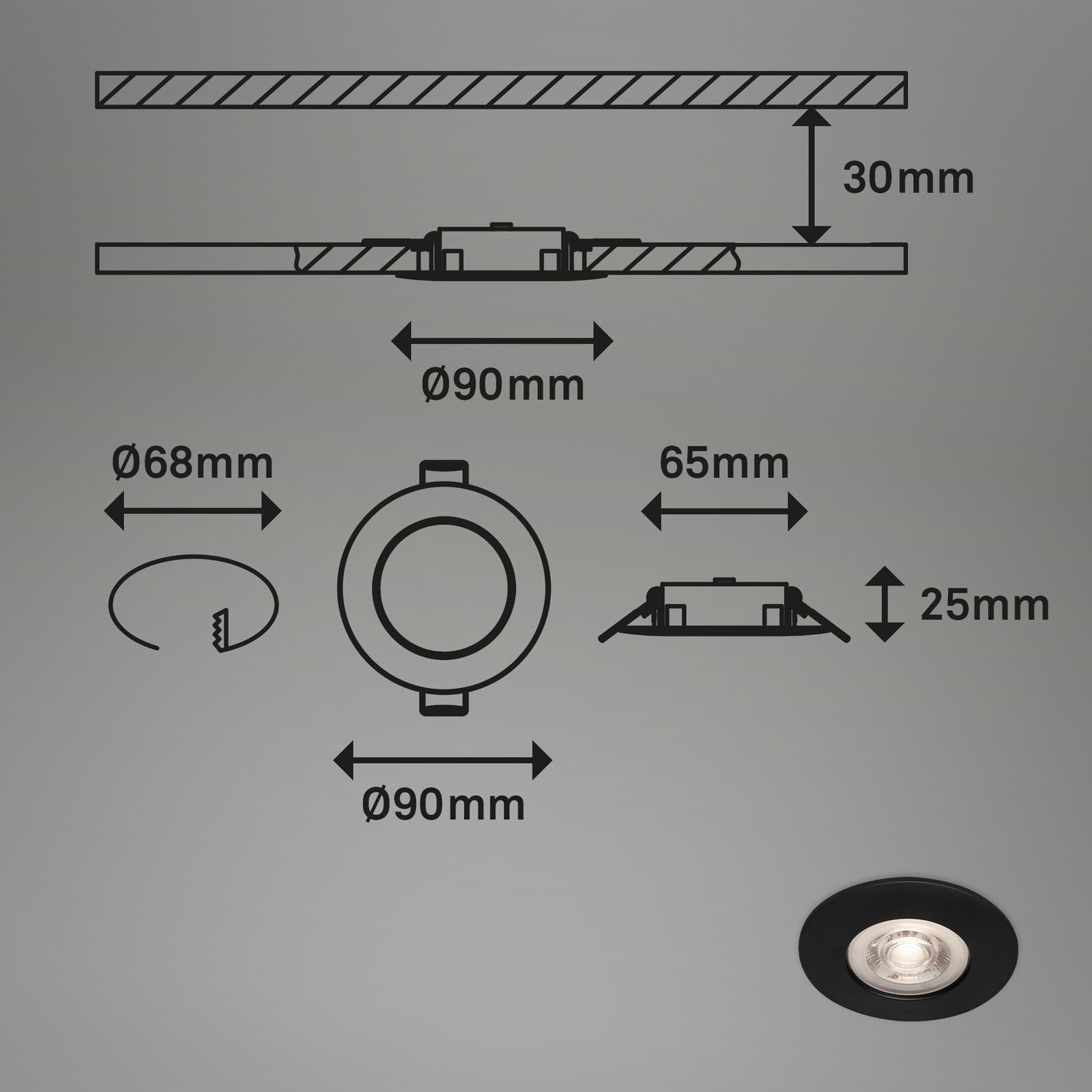 LED Einbauleuchten schwarz LED-Platine Maßzeichnung