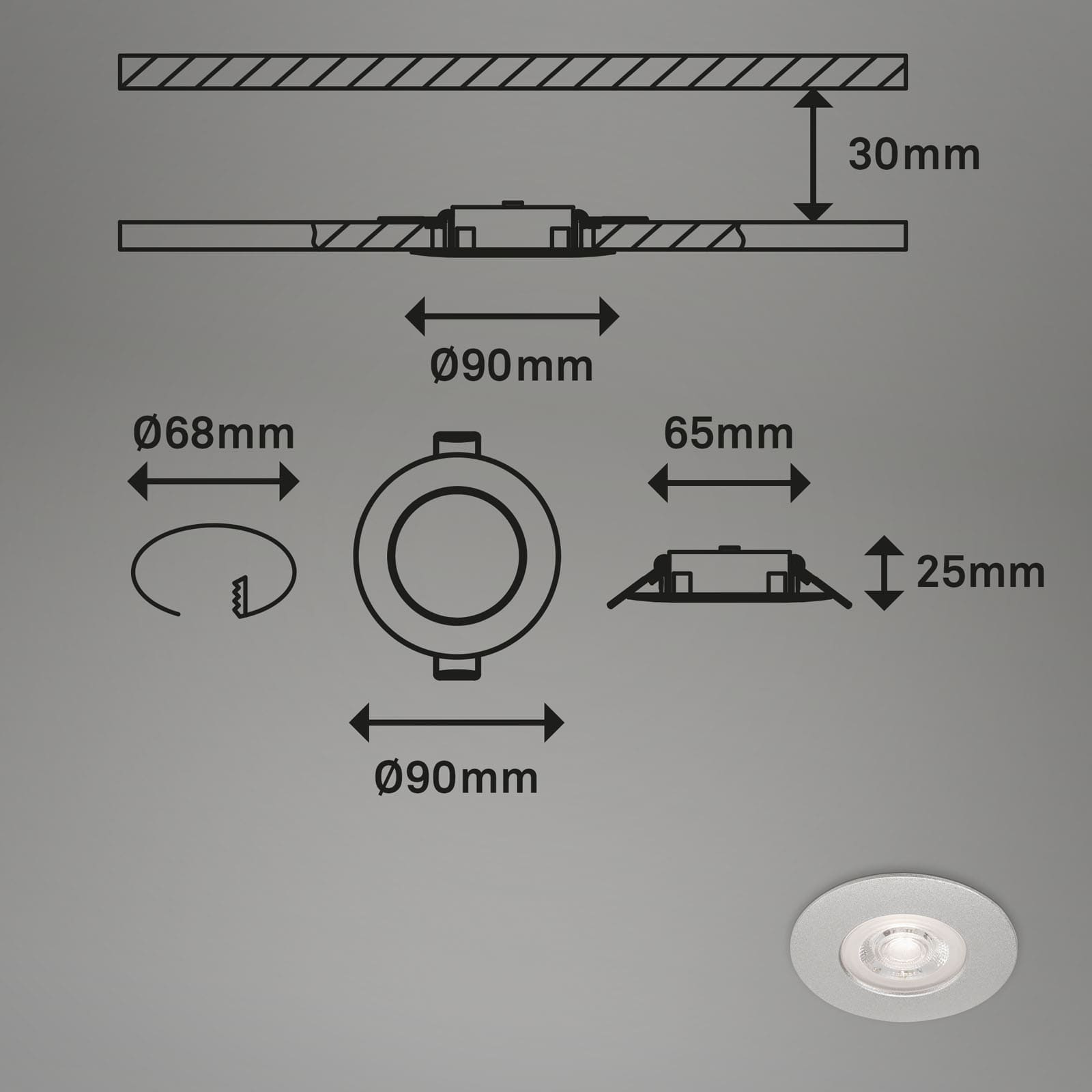 LED Einbauleuchten Chrom-matt Maßzeichnung