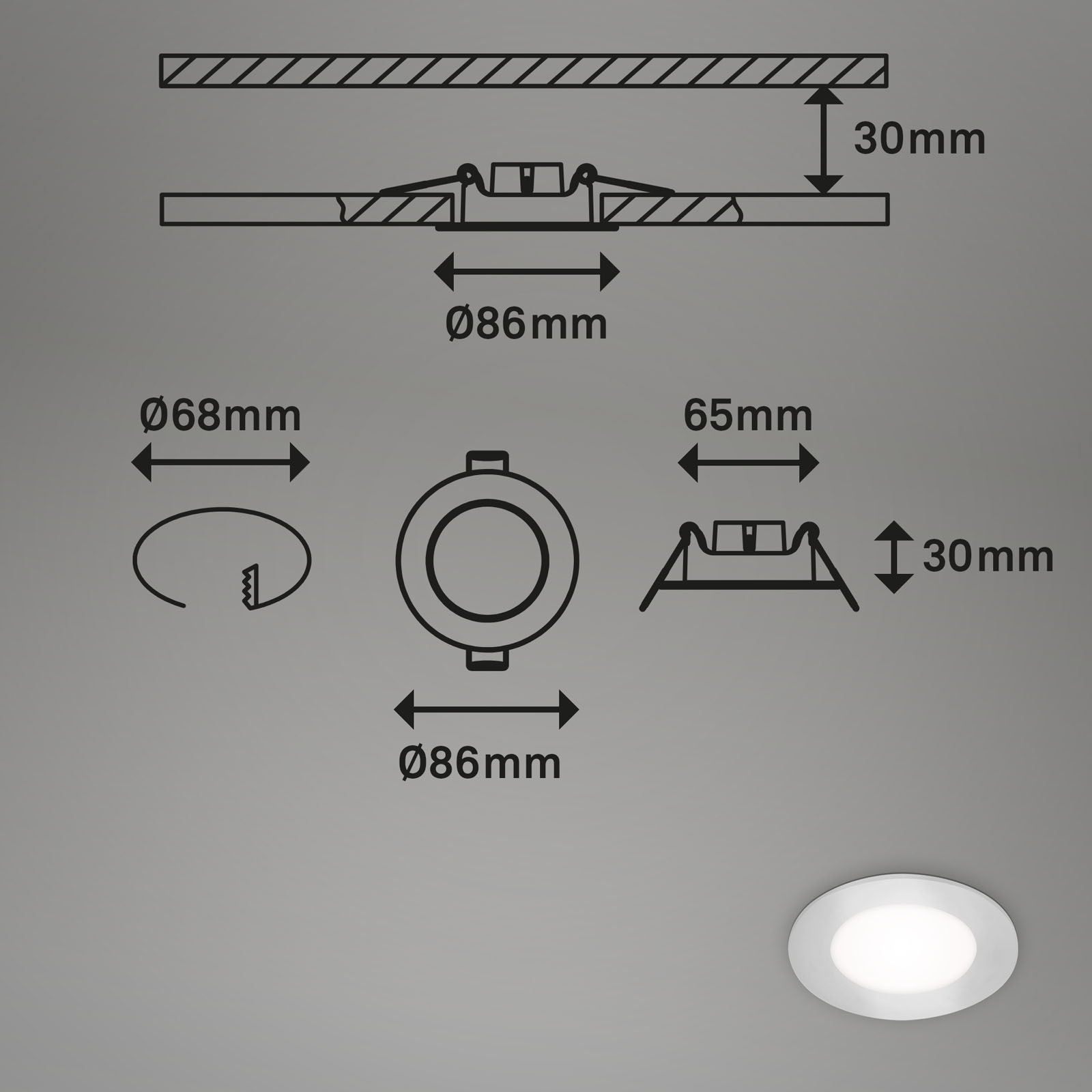 LED Einbauleuchten Chrom-matt Maßzeichnung