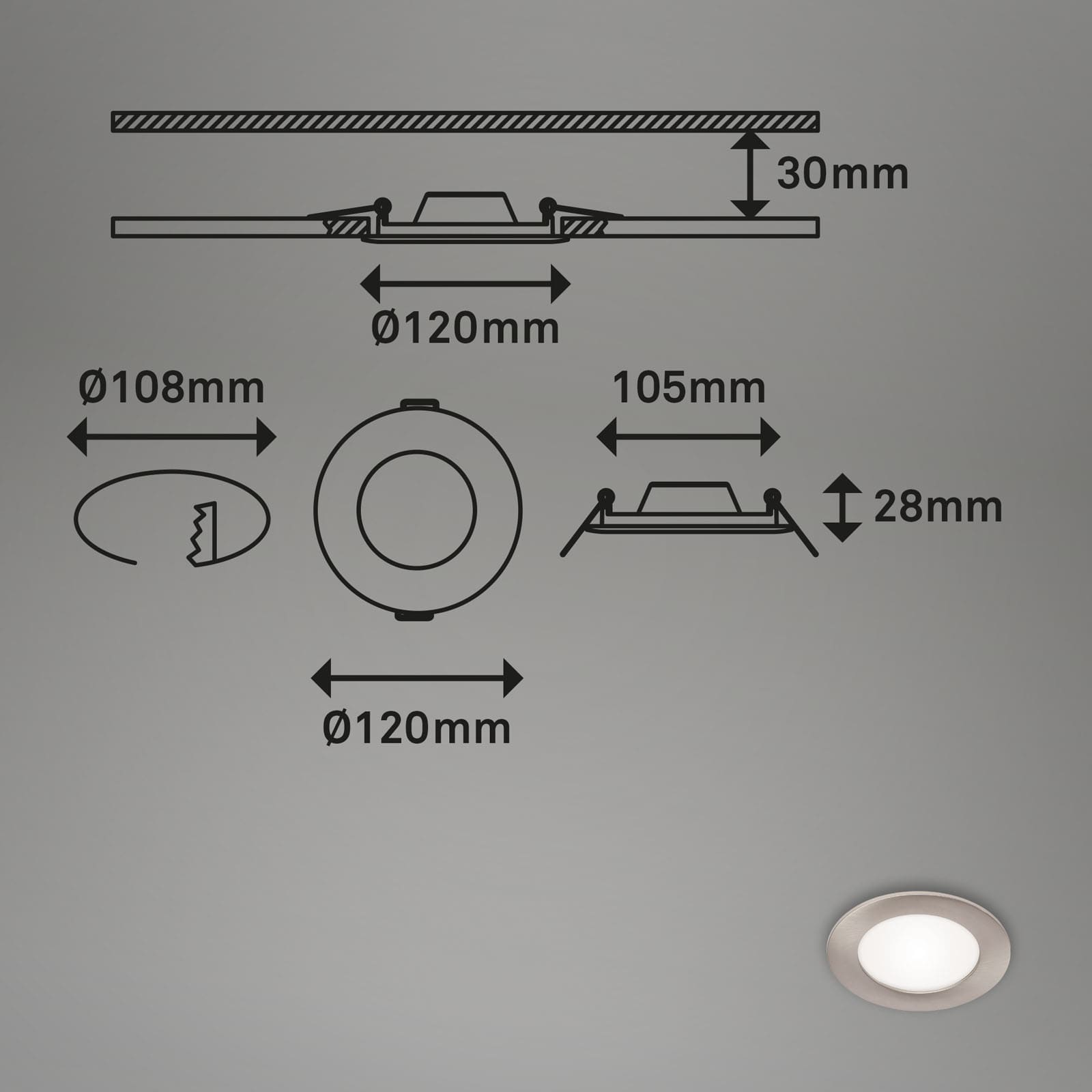 LED Einbauleuchten 3er-Set nickel LED-Platine Maßzeichnung