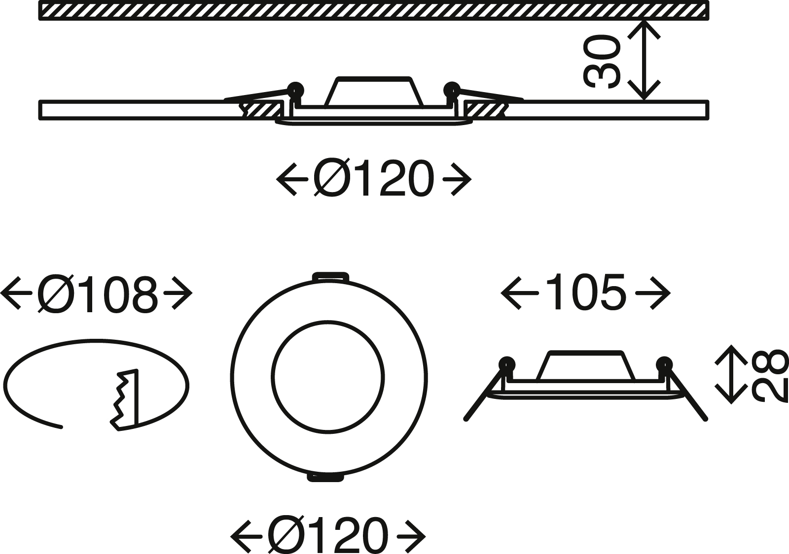 LED Einbauleuchten 3er-Set weiß LED-Platine Maßzeichnung