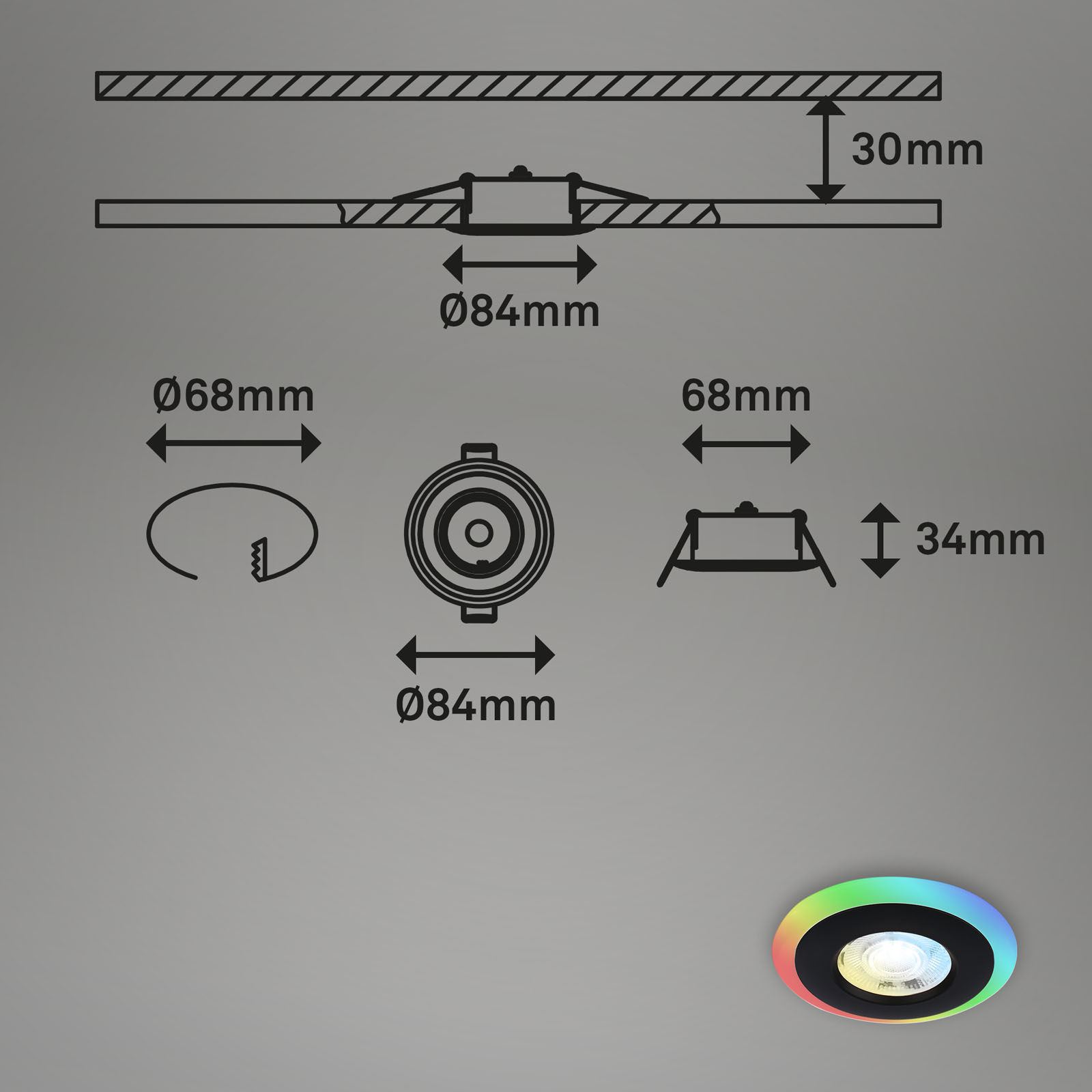 CCT-LED Einbauleuchten-Set,mit RGB schwarz Maßzeichnung