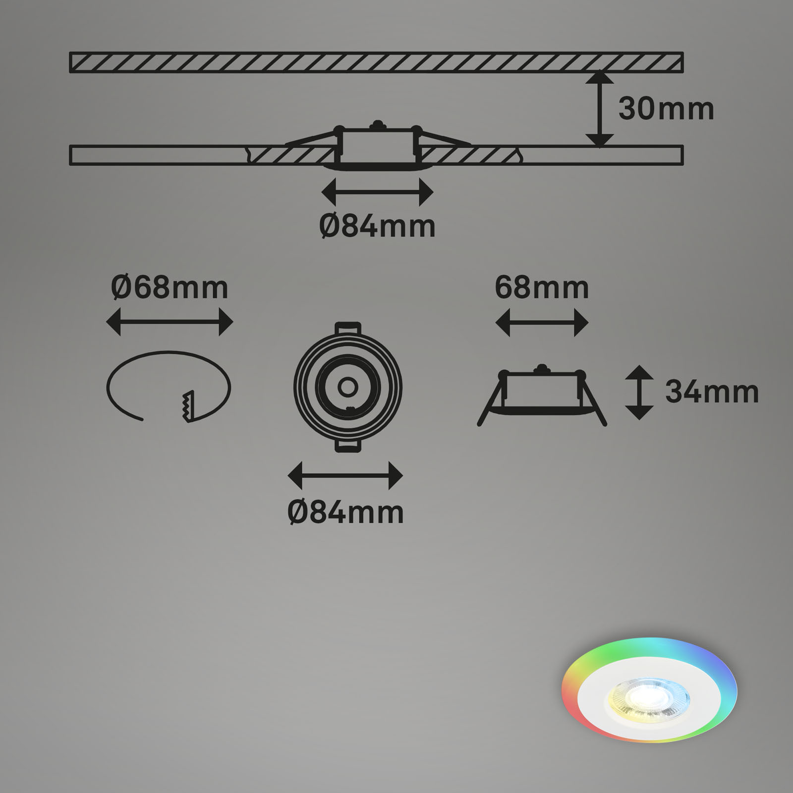 CCT-LED Einbauleuchten-Set,mit RGB weiß Maßzeichnung