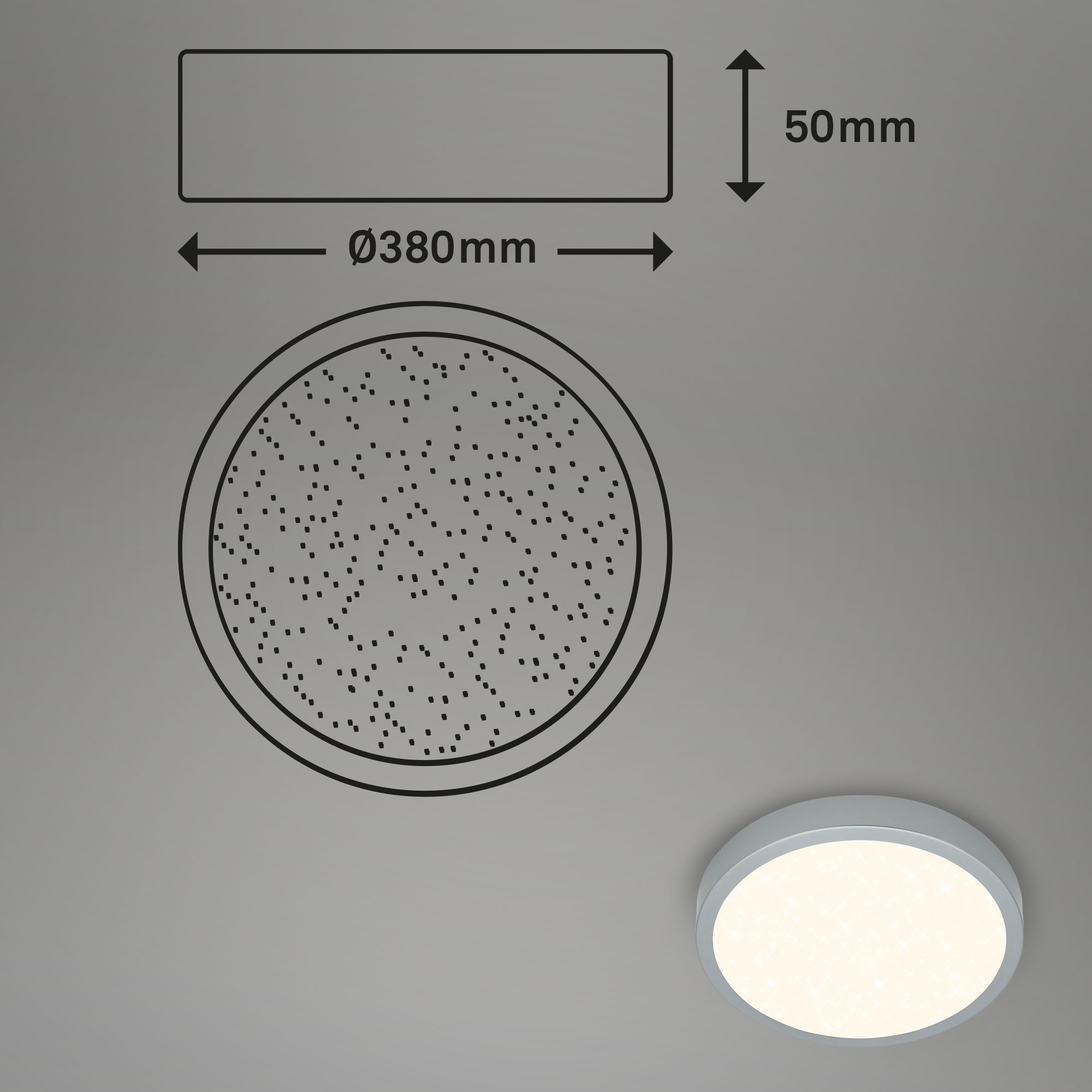 CCT LED Aufbauleuchte mit Sternencover silberfarbig LED Maßzeichnung