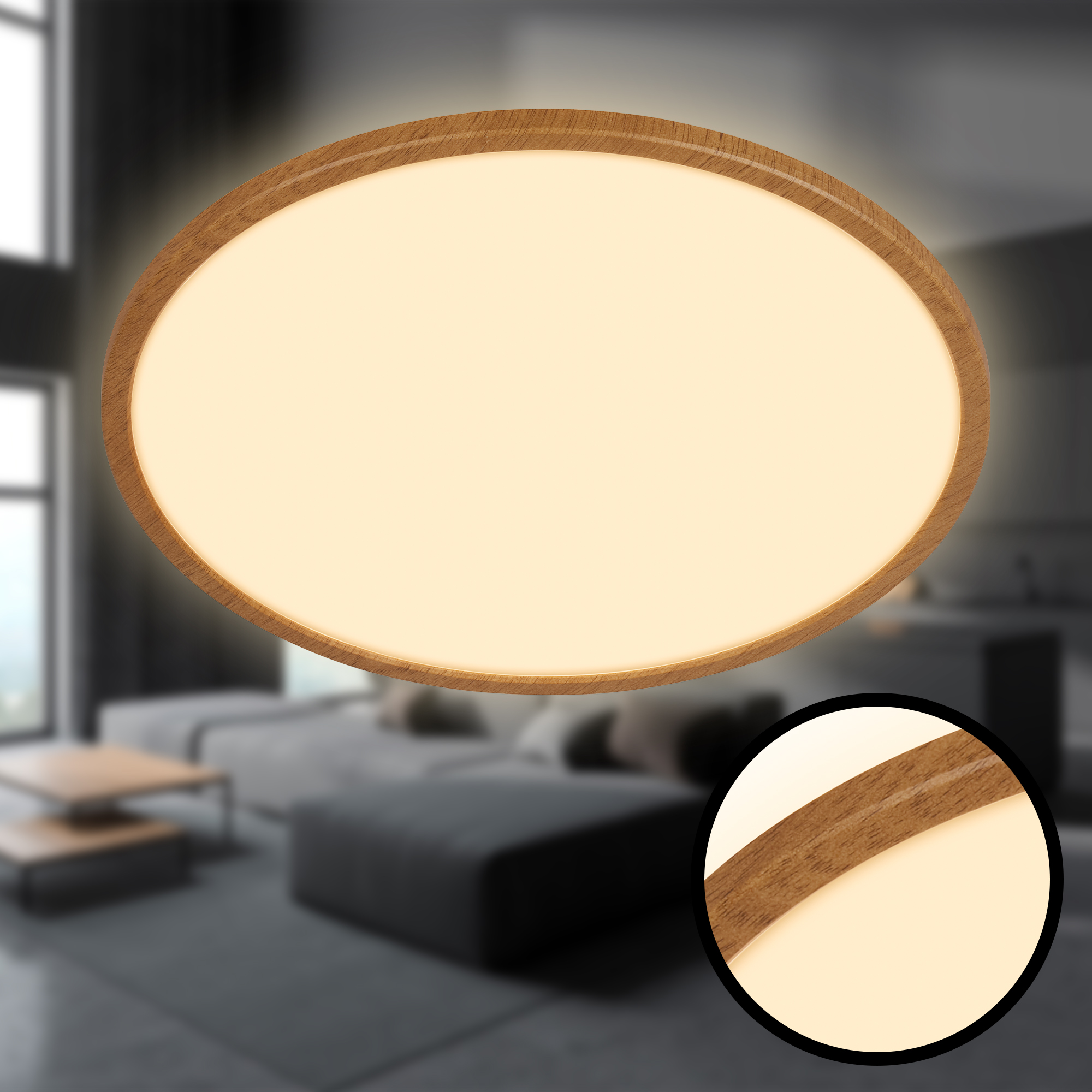 Briloner Tava Wood LED ceiling lamp, backlight, flat, wood look