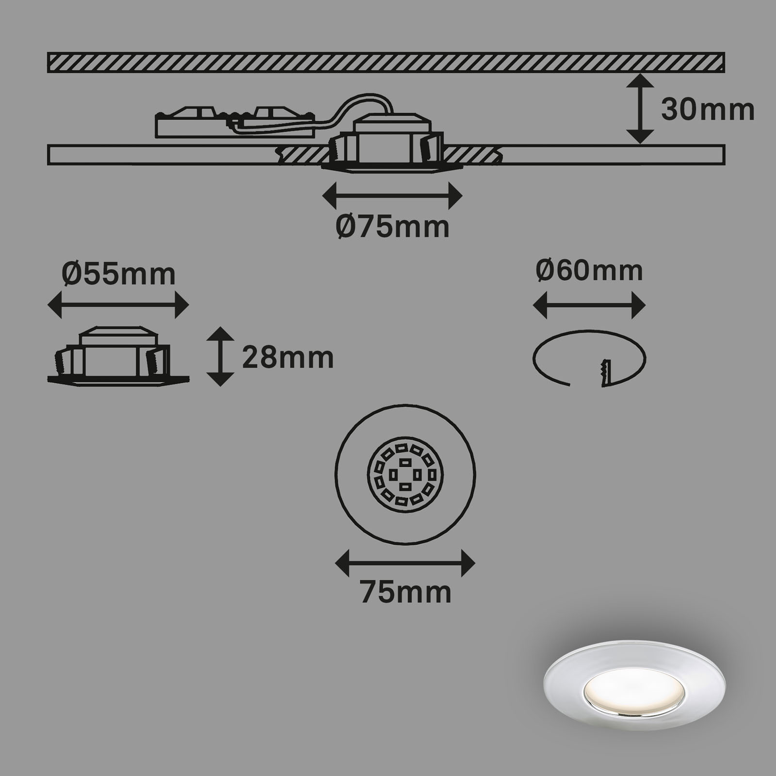 LED Einbauleuchte Chrom Maßzeichnung