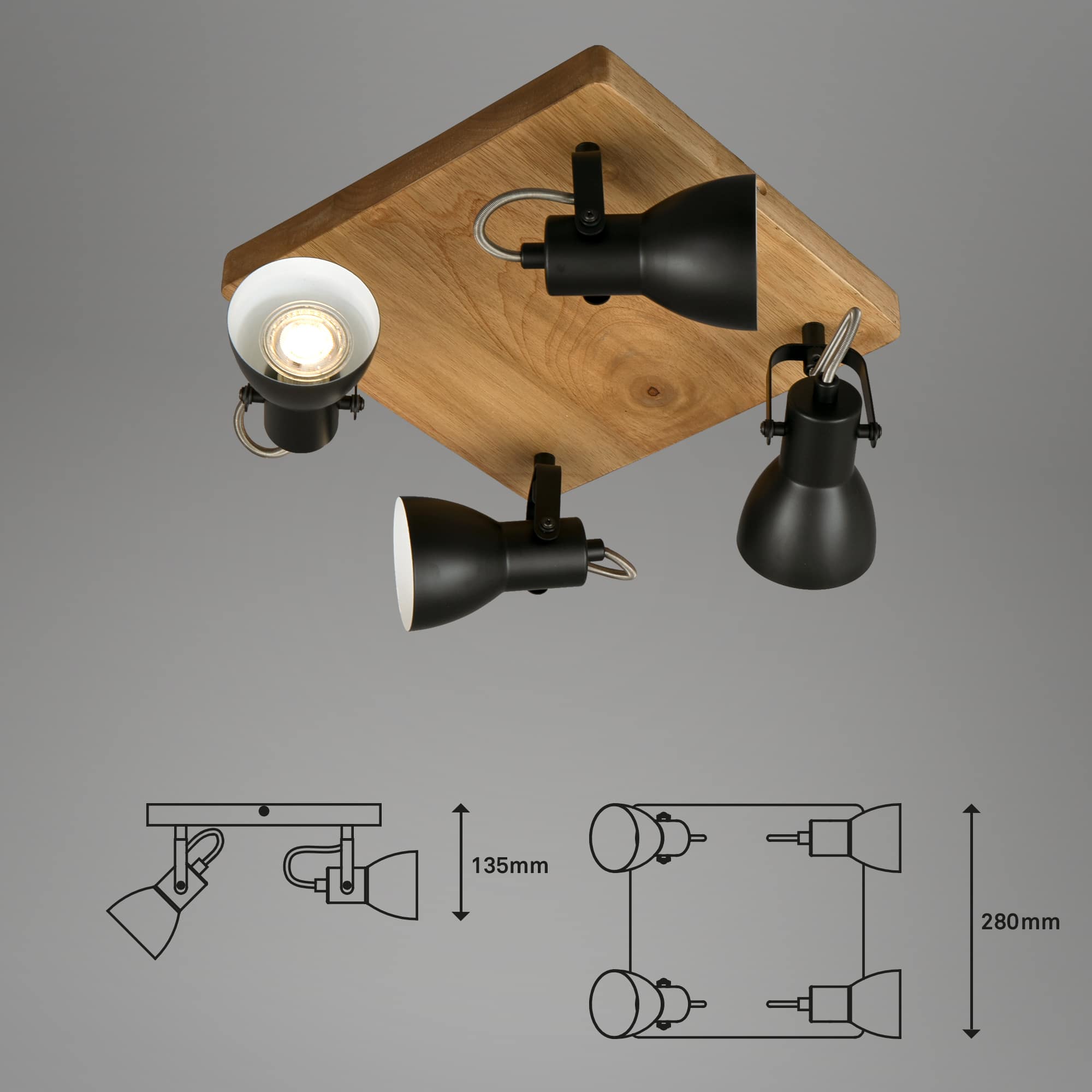 Spotleuchte Holz-schwarz 4xGU10. 3 exkl. Maßzeichnung