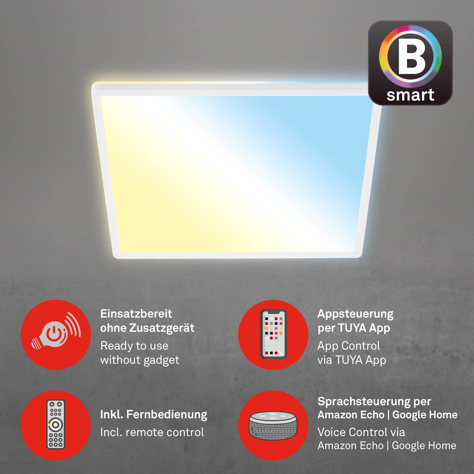 Bsmart WiFi + BluetoothUltraflache s CCT LED Panel mit Backlighteffekt Freisteller2