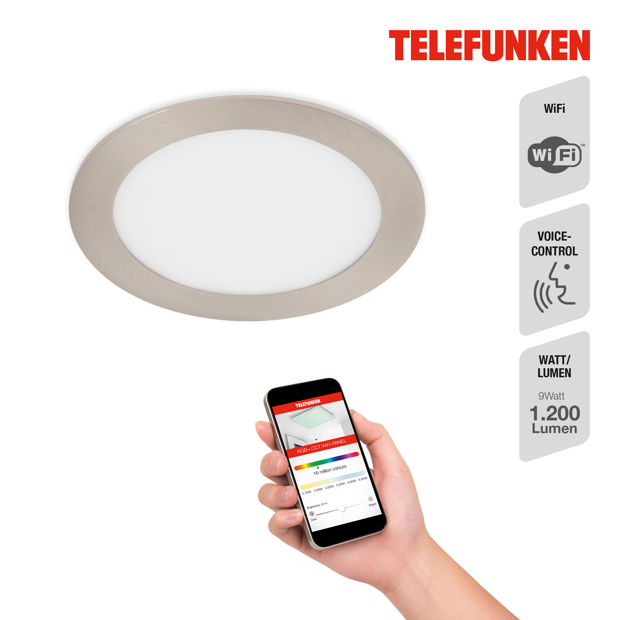 DirektSmart WiFi RGB W-LED Einbauleuchte CCT matt-nickel 1xLED-Platine Funktion