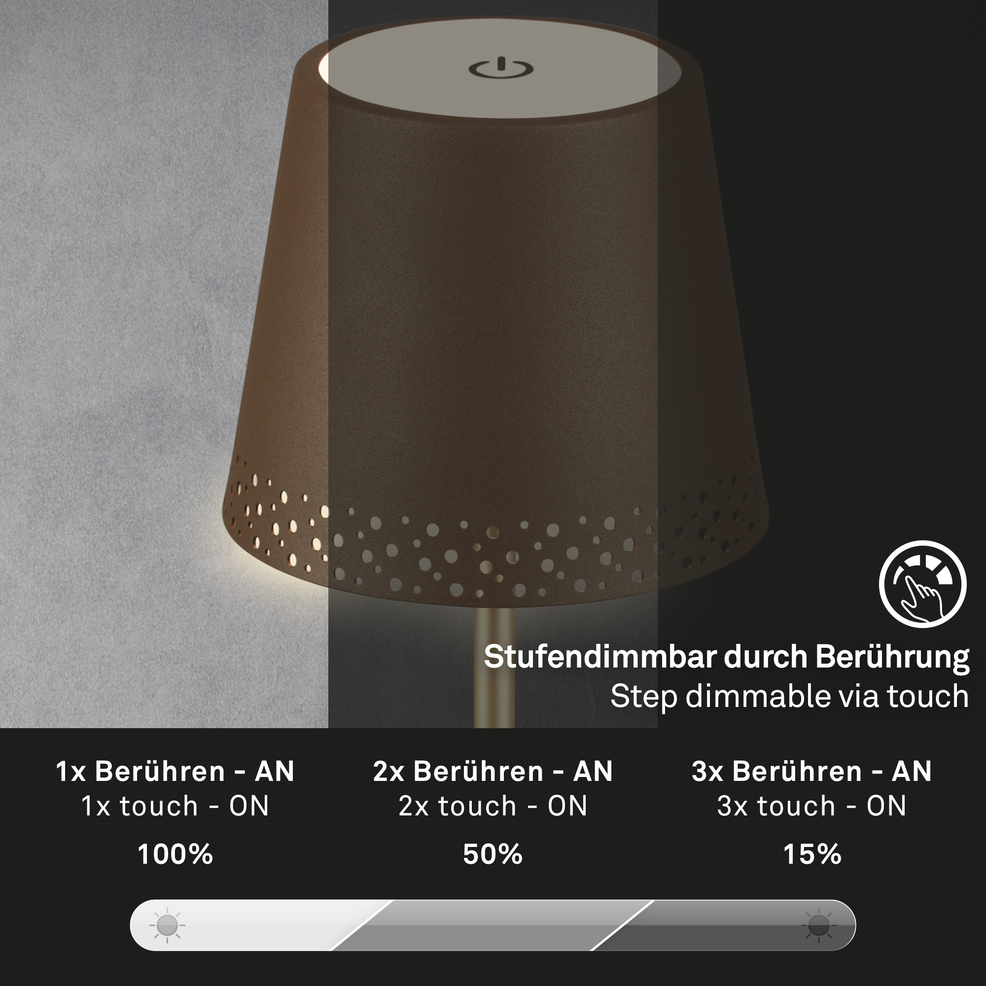 LED Akku-Tischleuchte braun Funktion1