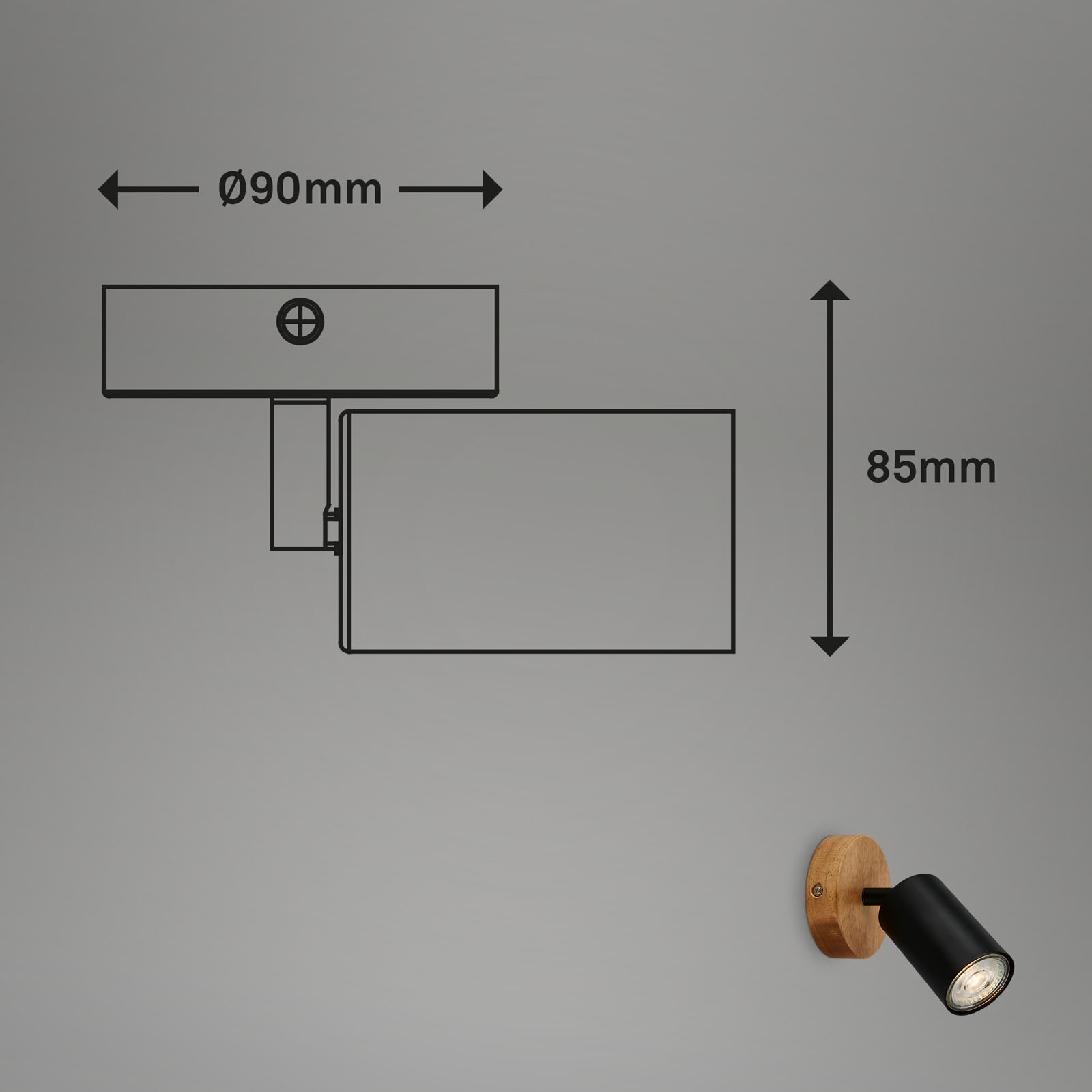 Spot schwarz mit Holz exkl. GU10 Maßzeichnung