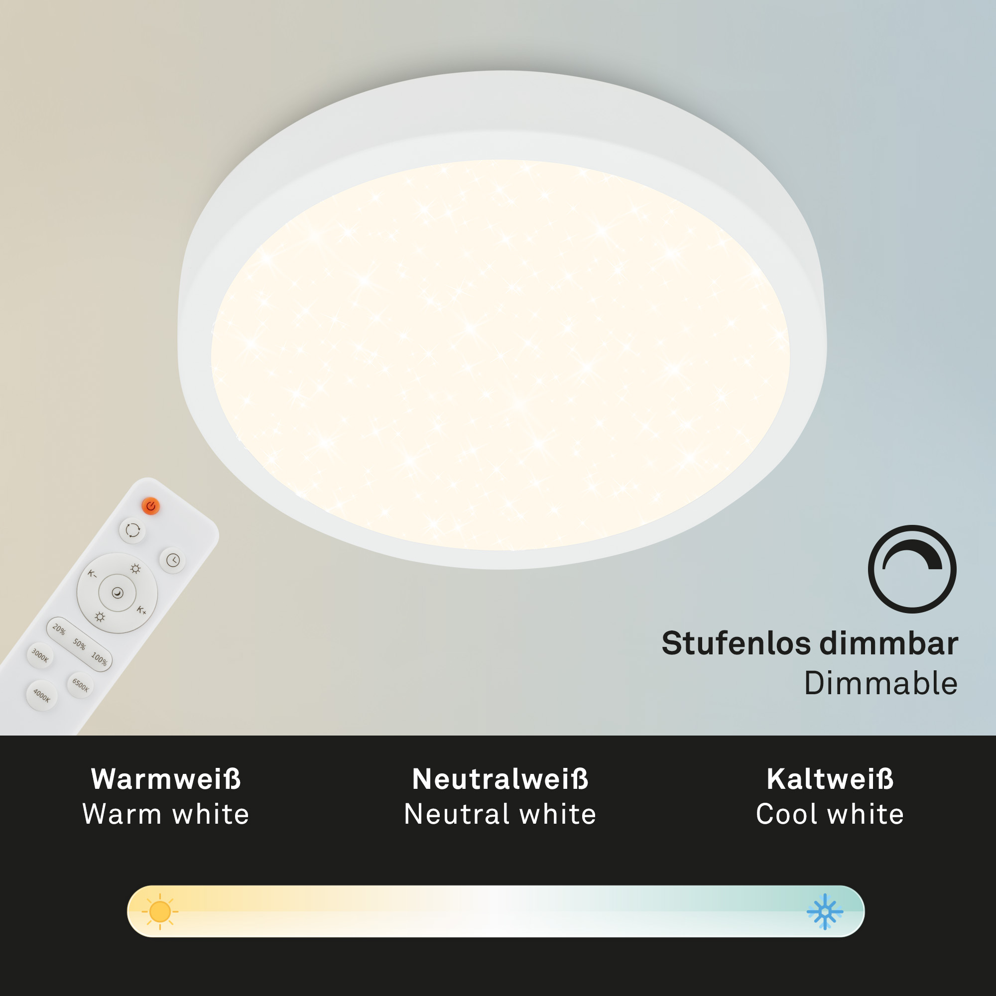 CCT LED Aufbauleuchte mit Sternencover weiß LED Fernbedienung