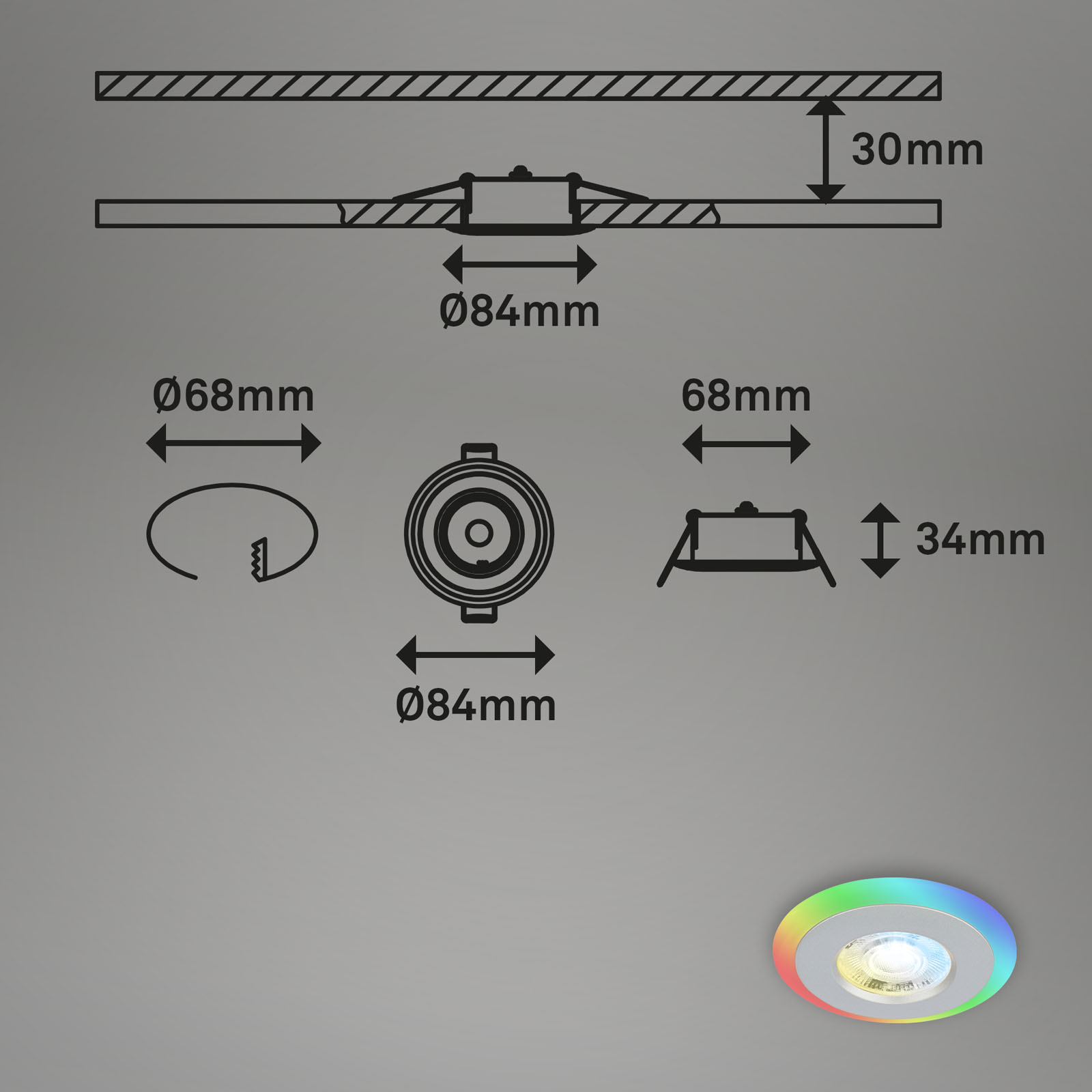 CCT-LED Einbauleuchten-Set,mit RGB chrom-matt Maßzeichnung