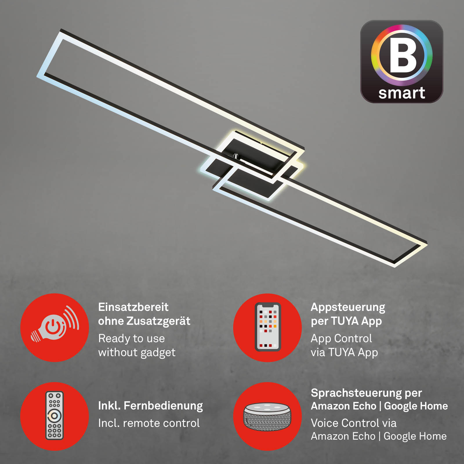 B smart WiFi + Bluetooth CCT LED Wand- und Deckenleuchte mit Mittellicht Freisteller2