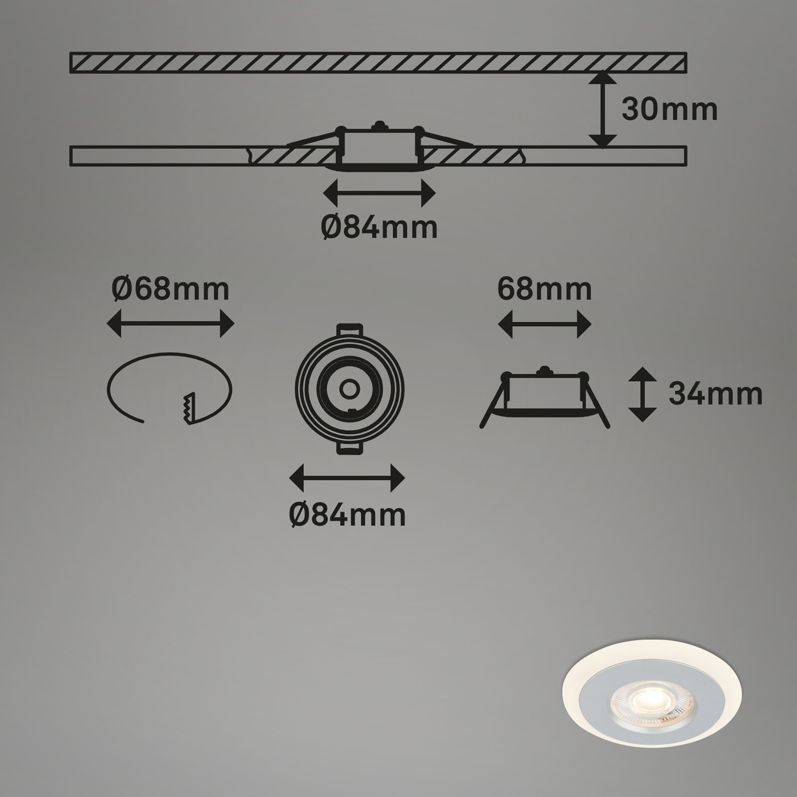 LED Einbauleuchten-Set Chrom-matt Maßzeichnung