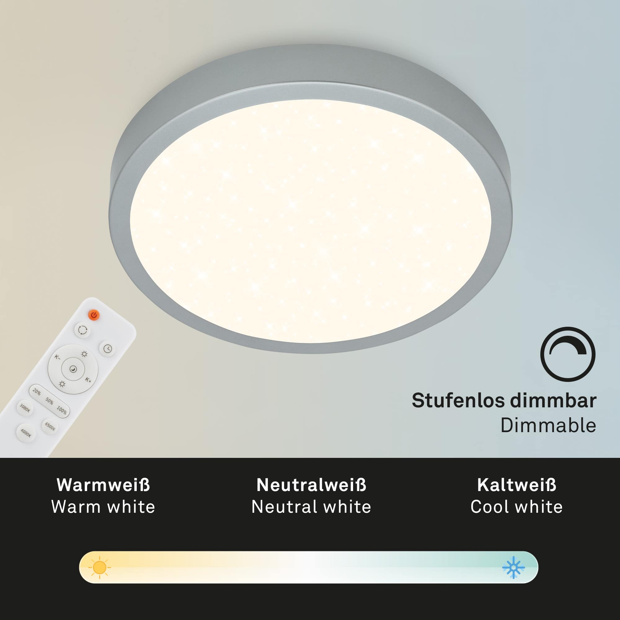 CCT LED Aufbauleuchte mit Sternencover silberfarbig LED Fernbedienung