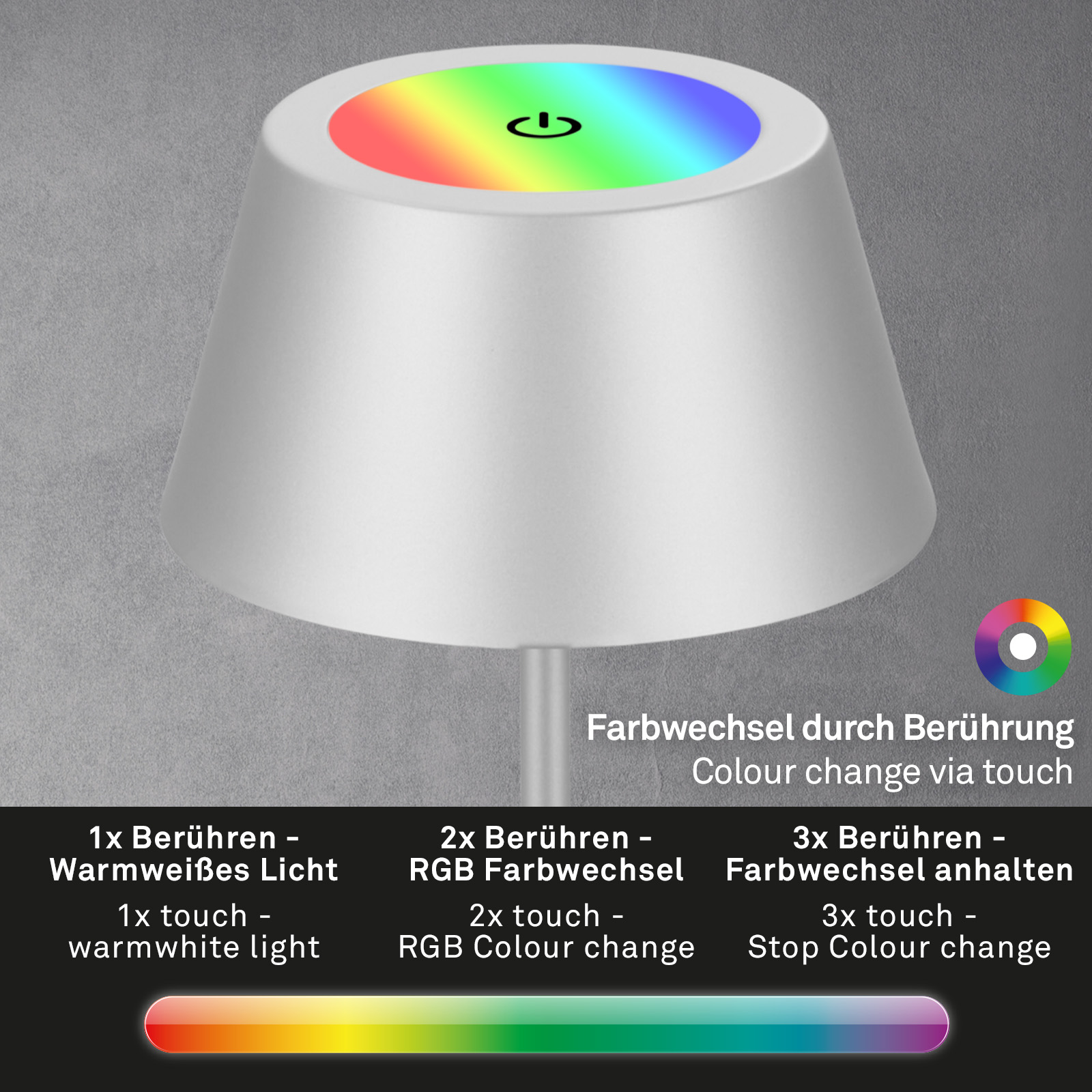 LED RGB Akku-Tischleuchte chrom Funktion1