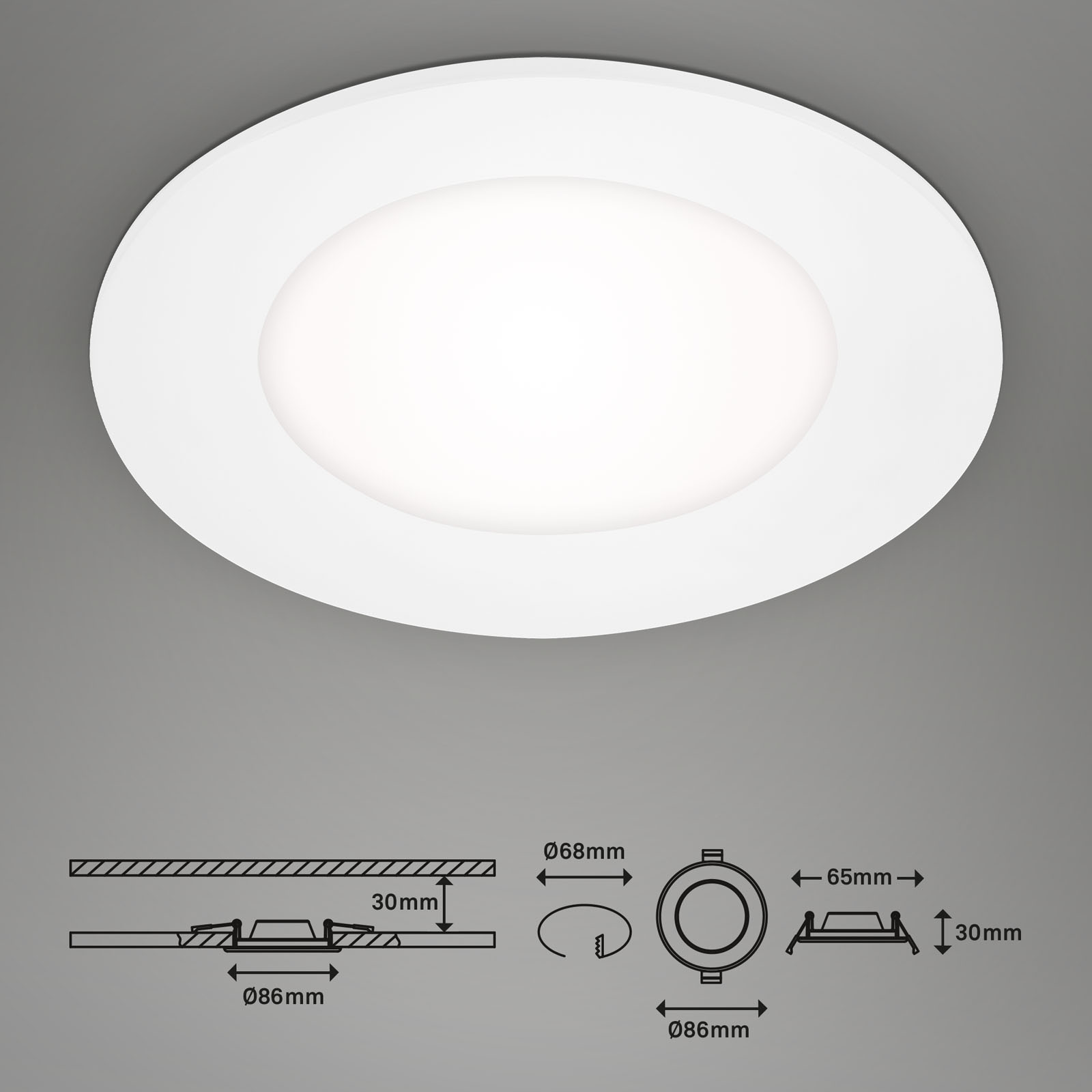 3er Set LED Einbauleuchte Weiß Maßzeichnung