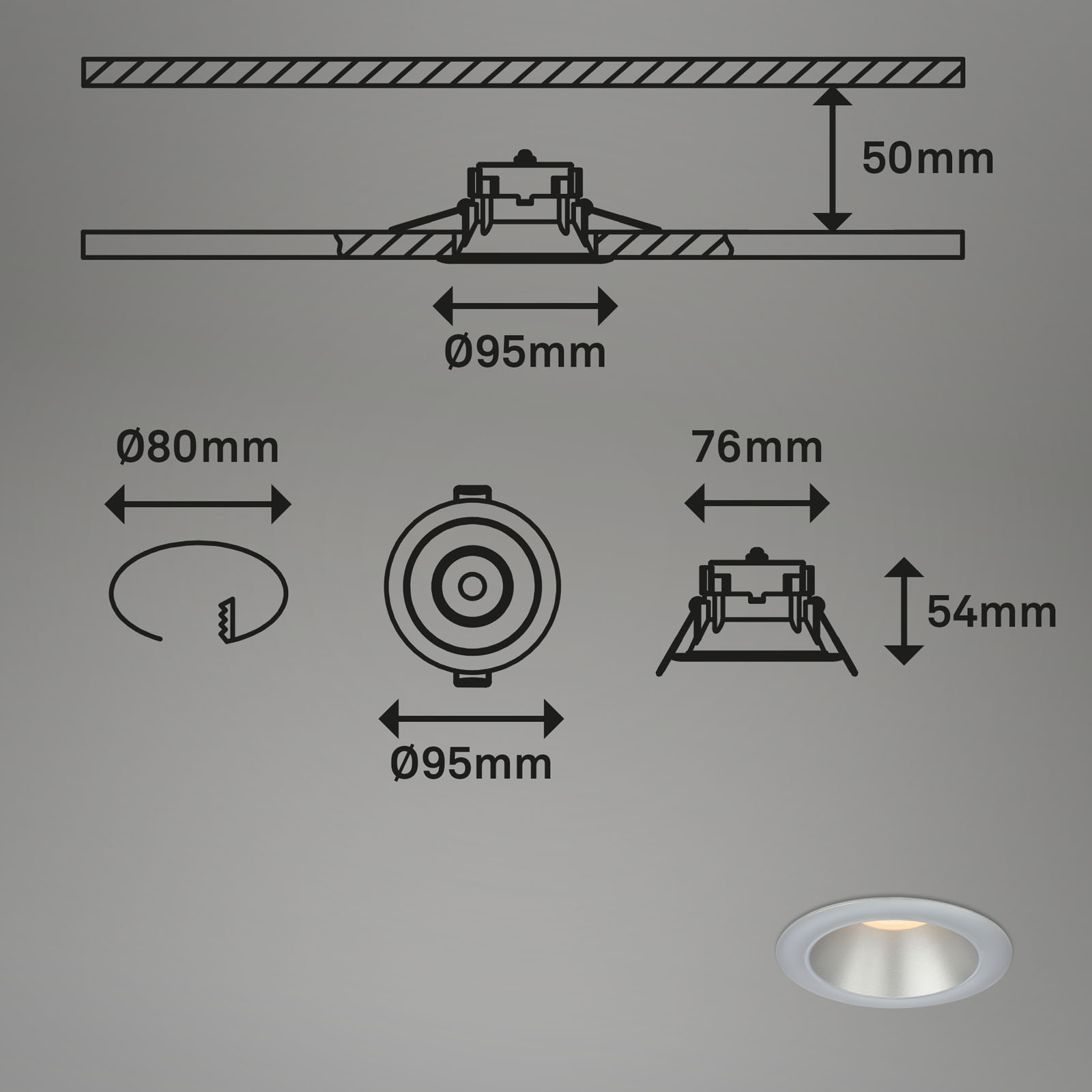 LED Einbauleuchten-Set chrom-matt-silber Maßzeichnung