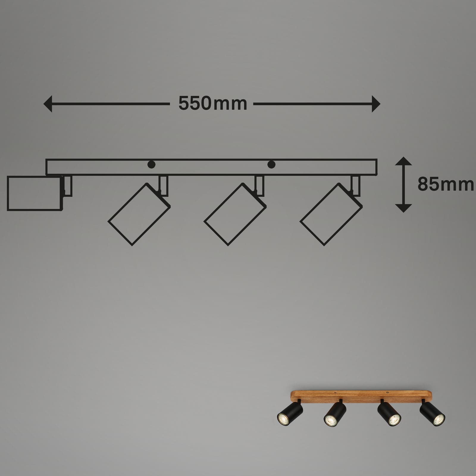 Spotleuchte schwarz mit Holz 4xGU10 Maßzeichnung
