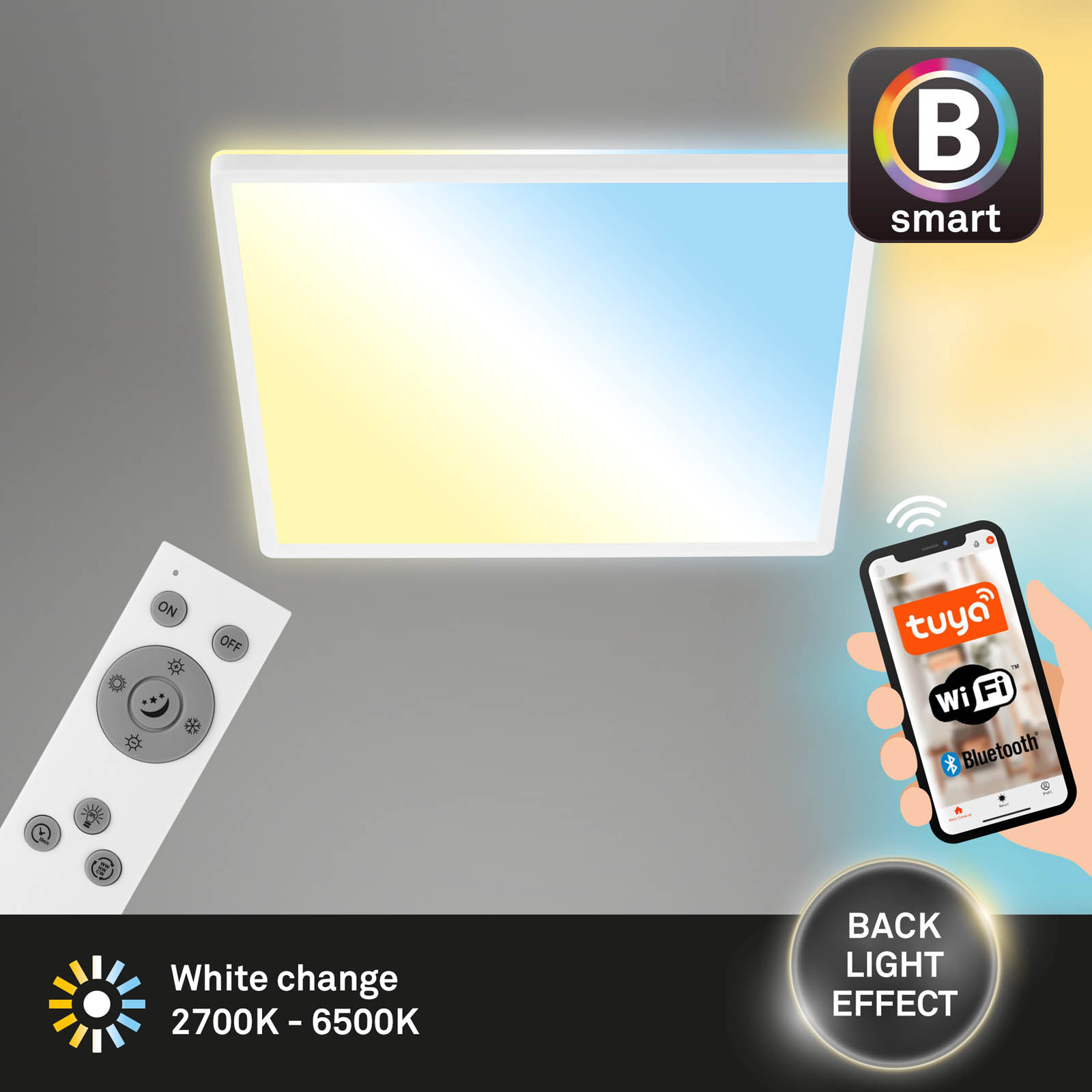 Bsmart WiFi + BluetoothUltraflache s CCT LED Panel mit Backlighteffekt Freisteller2