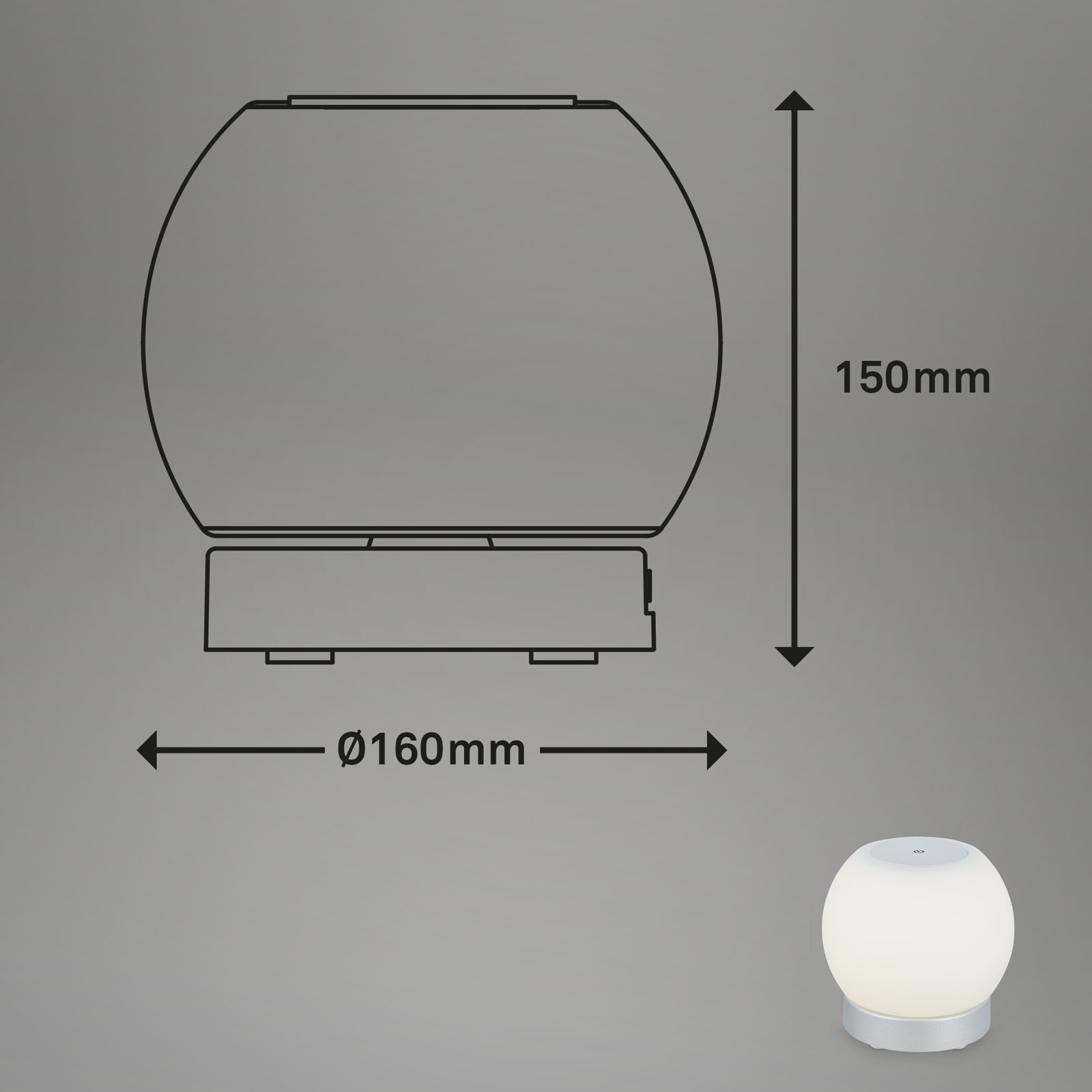 LED Akku Tischleuchte chrom-matt Maßzeichnung