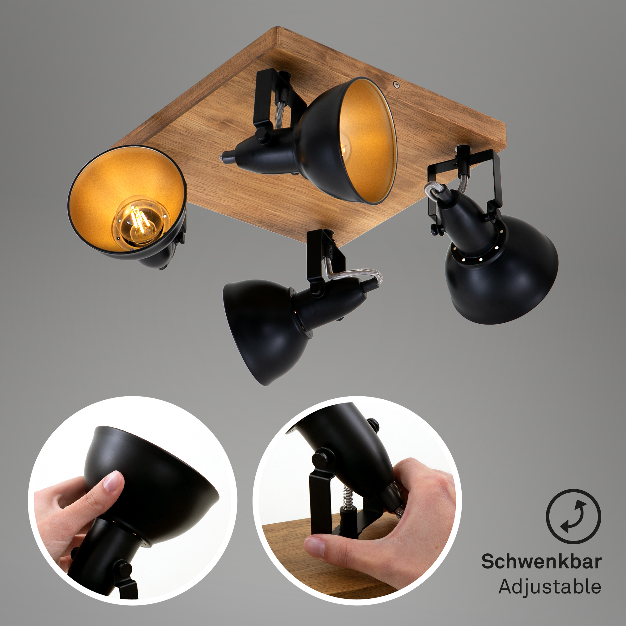 Spotleuchte schwarz-gold mit Holz 4xE14 Funktion