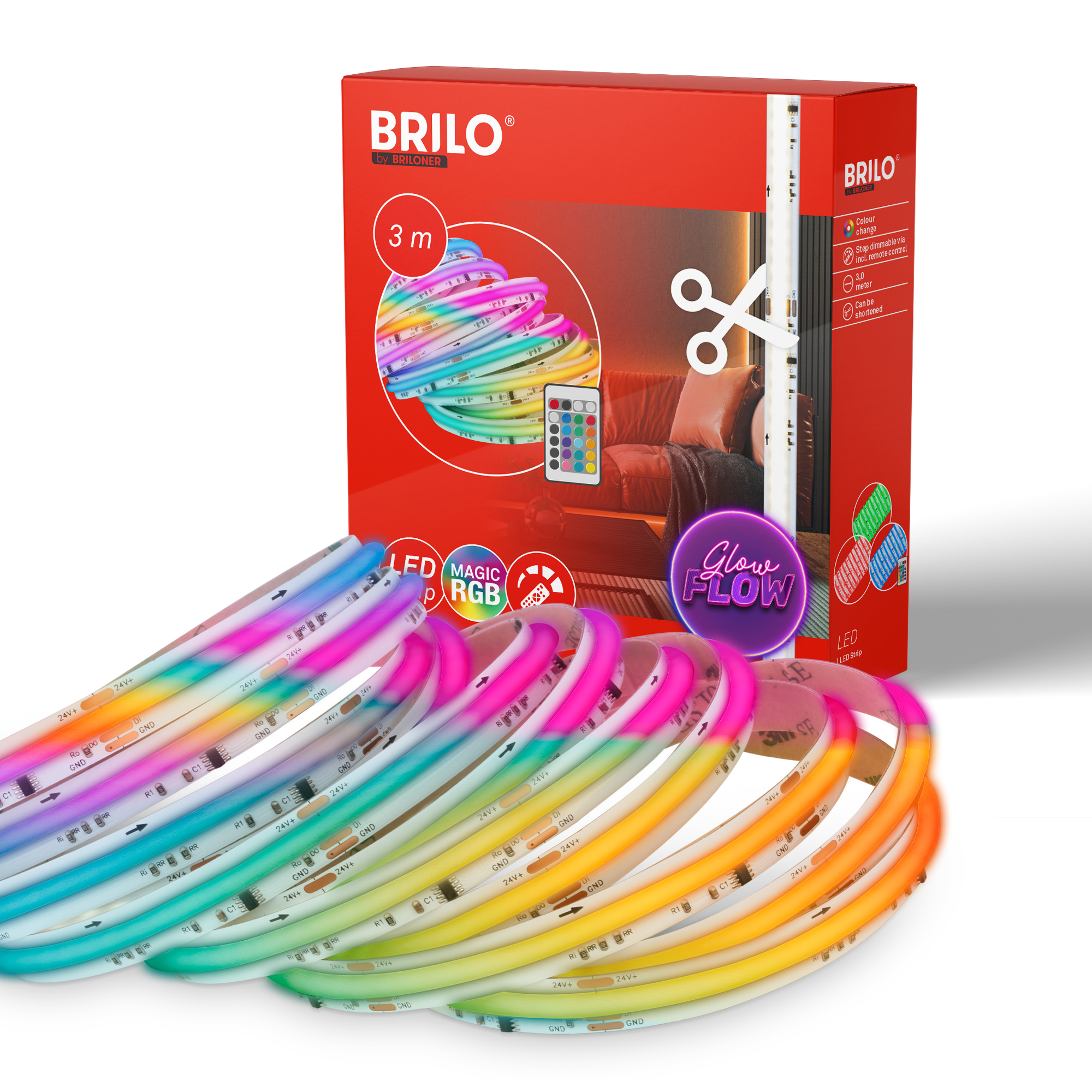 Briloner COB LED Strip 3m, afstandsbediening, RGB IC kleurmodi, wit