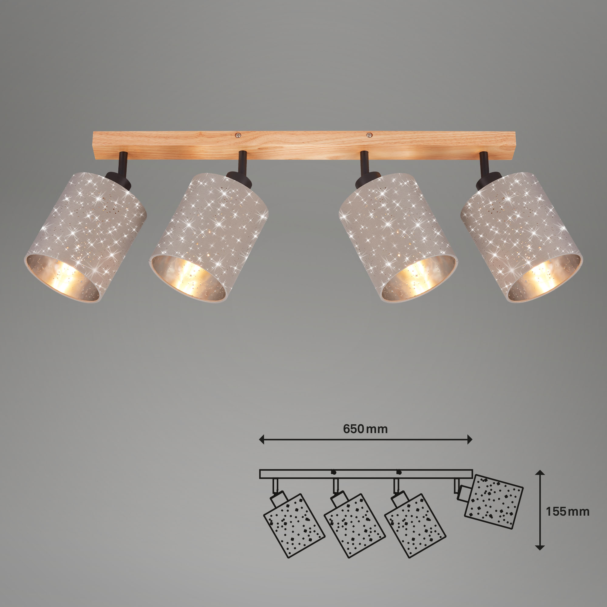 Vintage Spotleuchte mit Sternendekor Stoff-Holz-Metall 4-flammig taupe Maßzeichnung