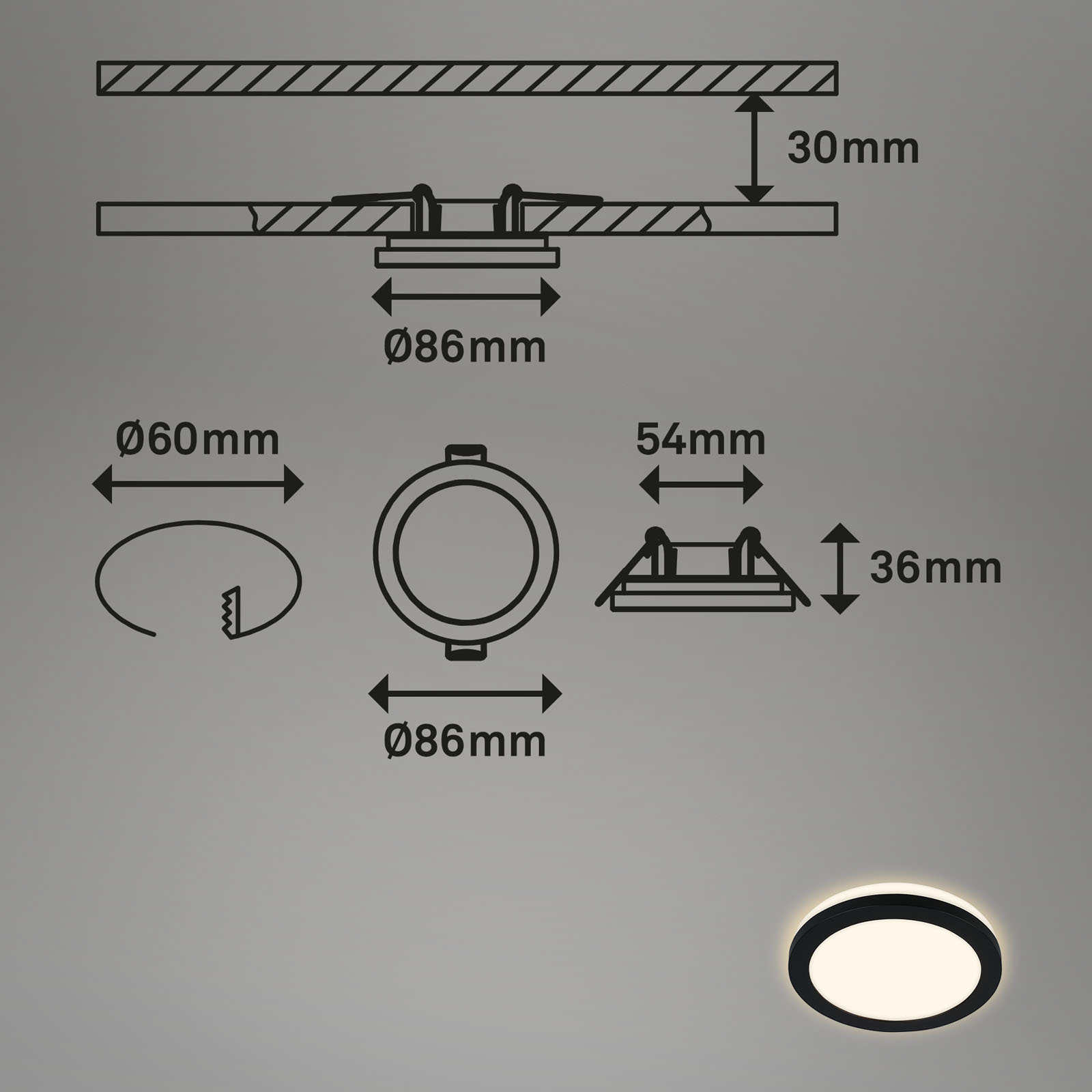 LED Einbauleuchten Schwarz Maßzeichnung