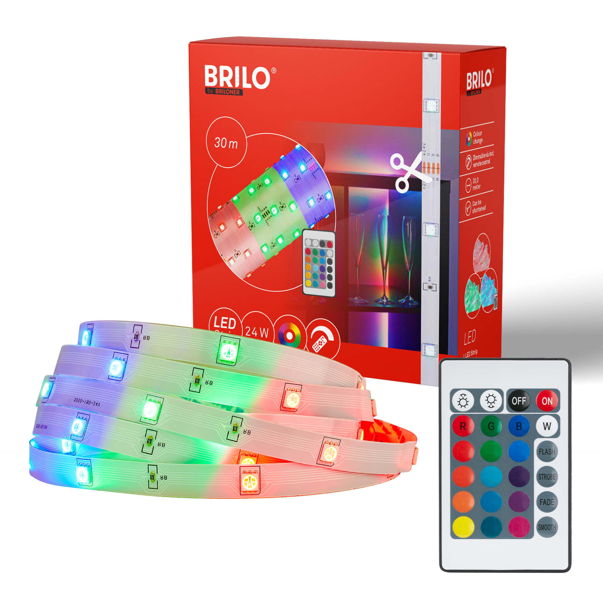 Briloner LED Strip 30m, remote control, RGB colour modes, white