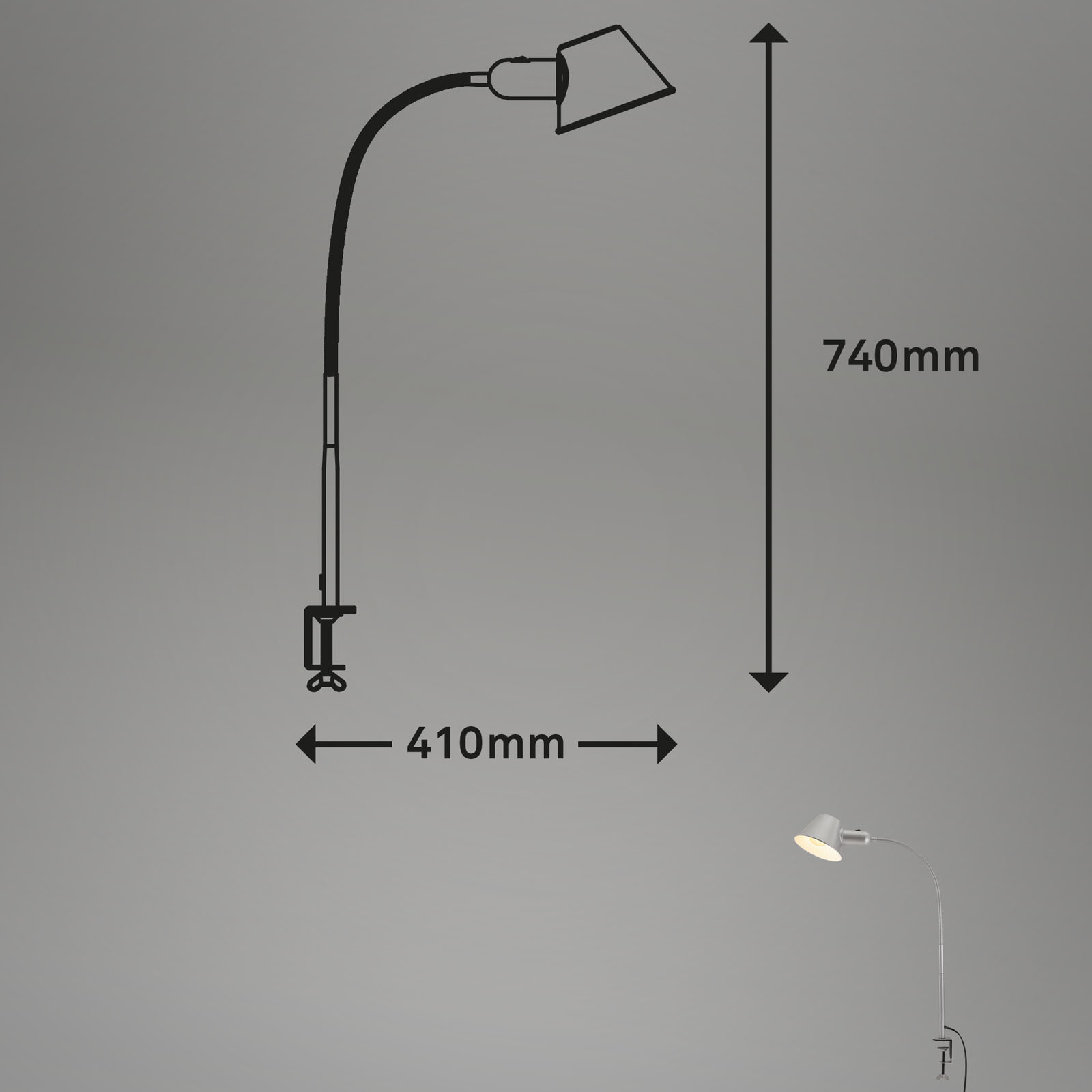 Klemmleuchte Chrom-matt Maßzeichnung