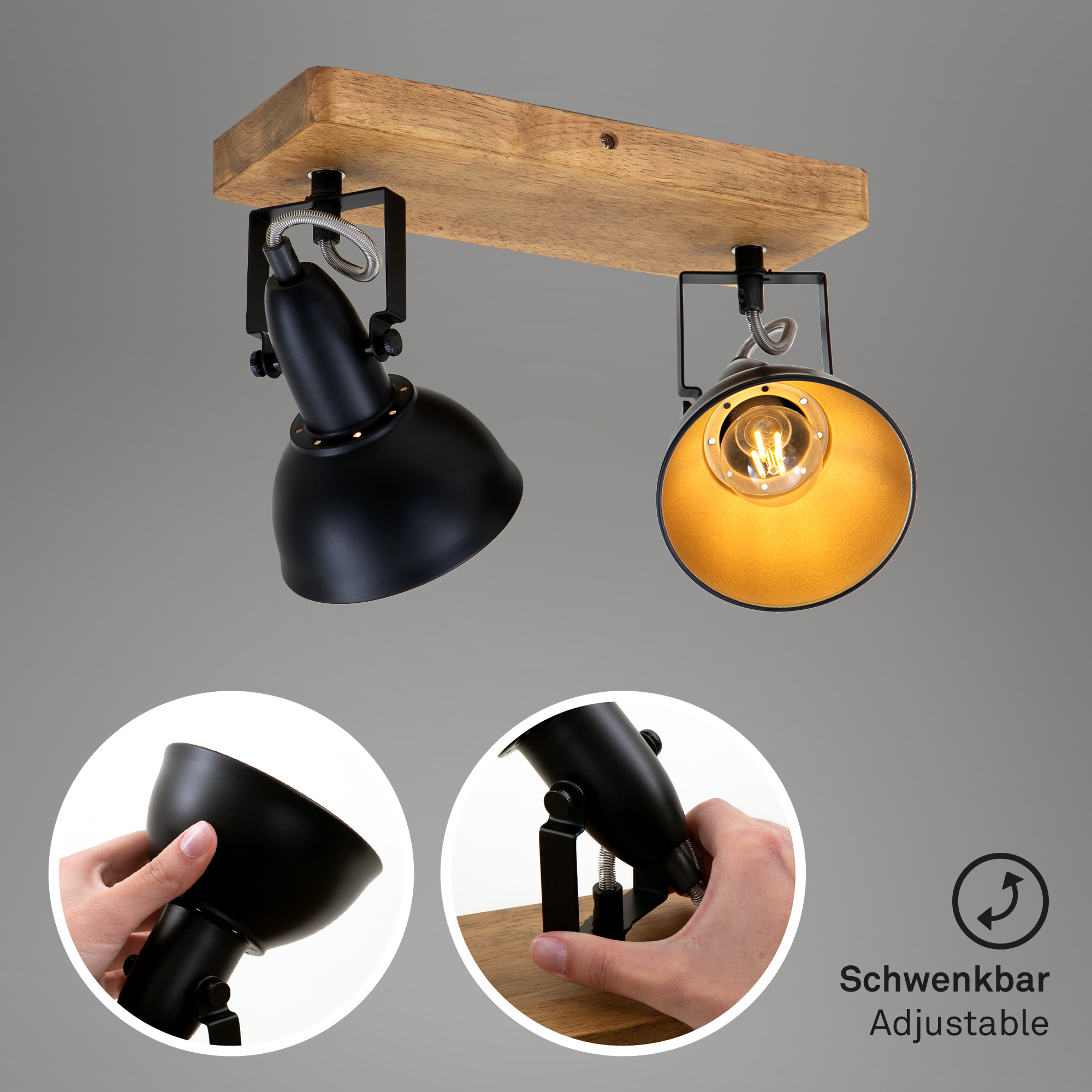 Spotleuchte schwarz-gold mit Holz 2xE14 Funktion