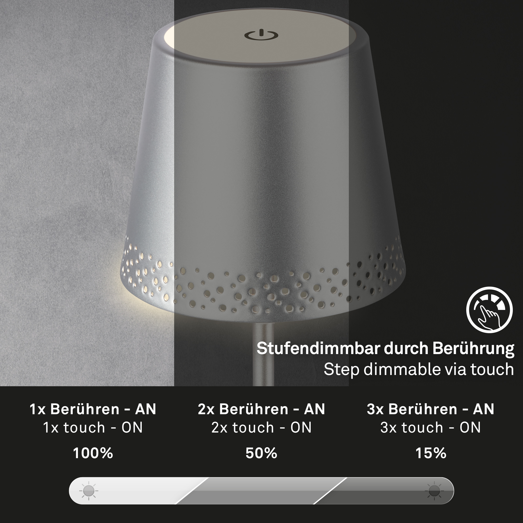 LED Akku-Tischleuchte chrom Funktion1